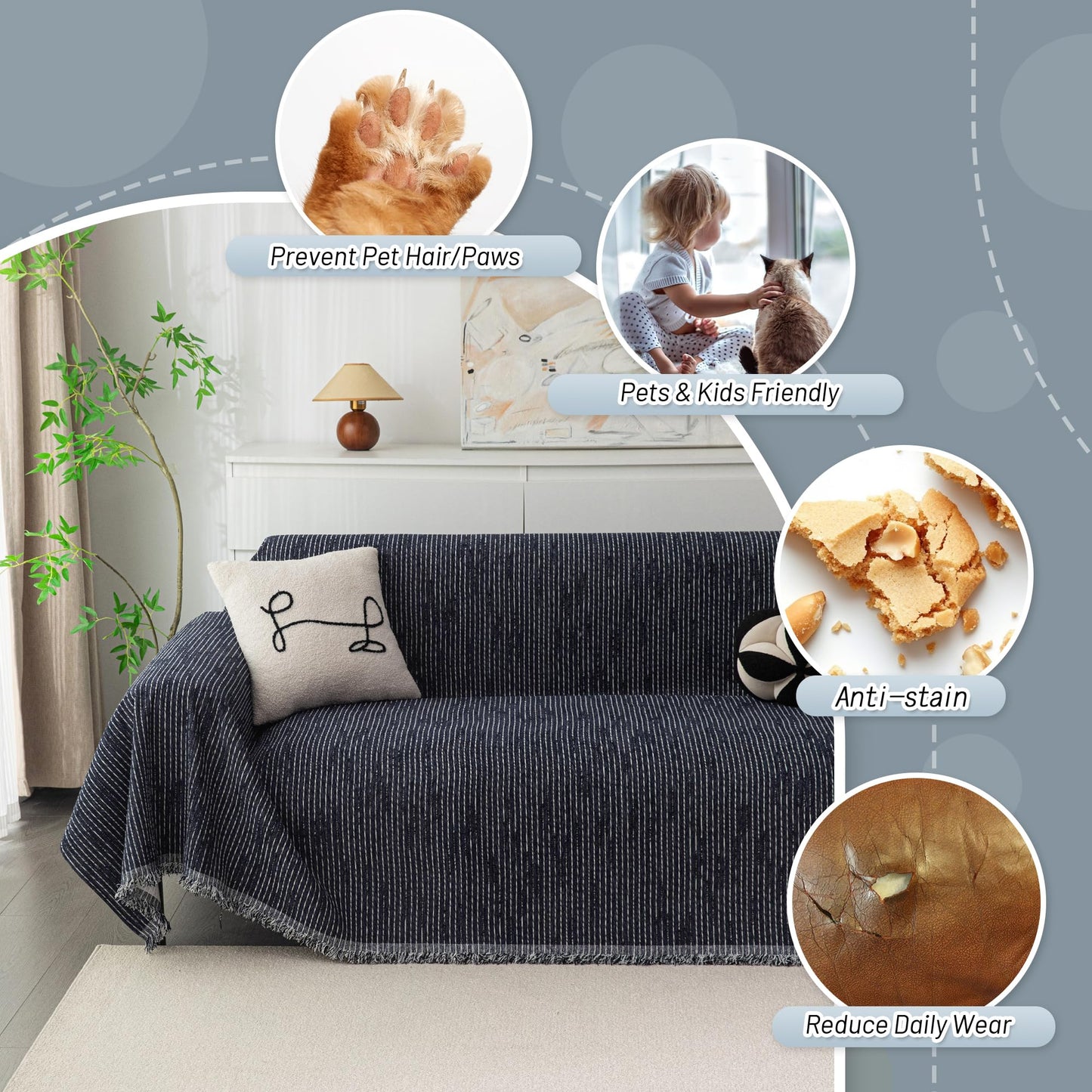MYSKY HOME Loveseat Cover Navy Couch Cover Sectional Couch Covers for 2 Cushion Couch Sofa Thick Universal Chenille Sofa Cover with Tassel Durable Furniture Protector for Dogs 91" x 118"