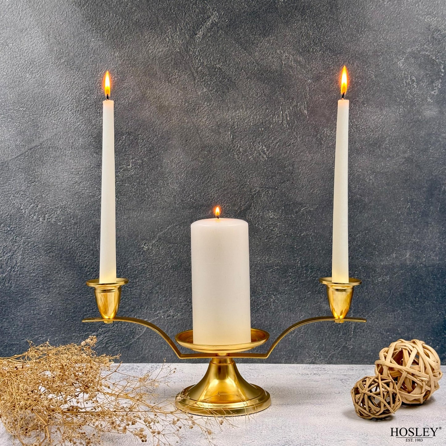 Hosley Gold Metal Unity Candle Holders Set for Wedding Ceremony, Includes 1 Pillar and 2 Taper Candles and one Metal Holder