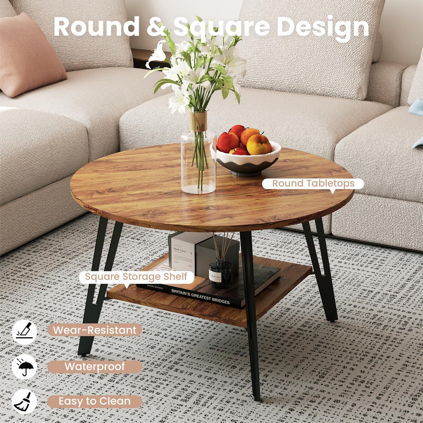 Manora Round Coffee Table, Modern Wood Round Center Table with Storage Shelf, Small Circle Coffee Table for Living Room, Home Office, Small Space, Apartment, Rustic Brown