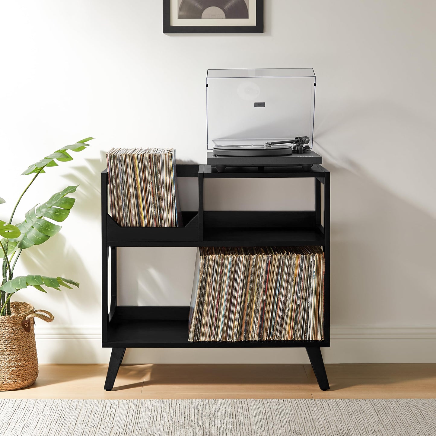 Crosley Furniture Asheville Mid-Century Modern Media Console Record Player Stand, Storage for Vinyl Records, Medium, Black