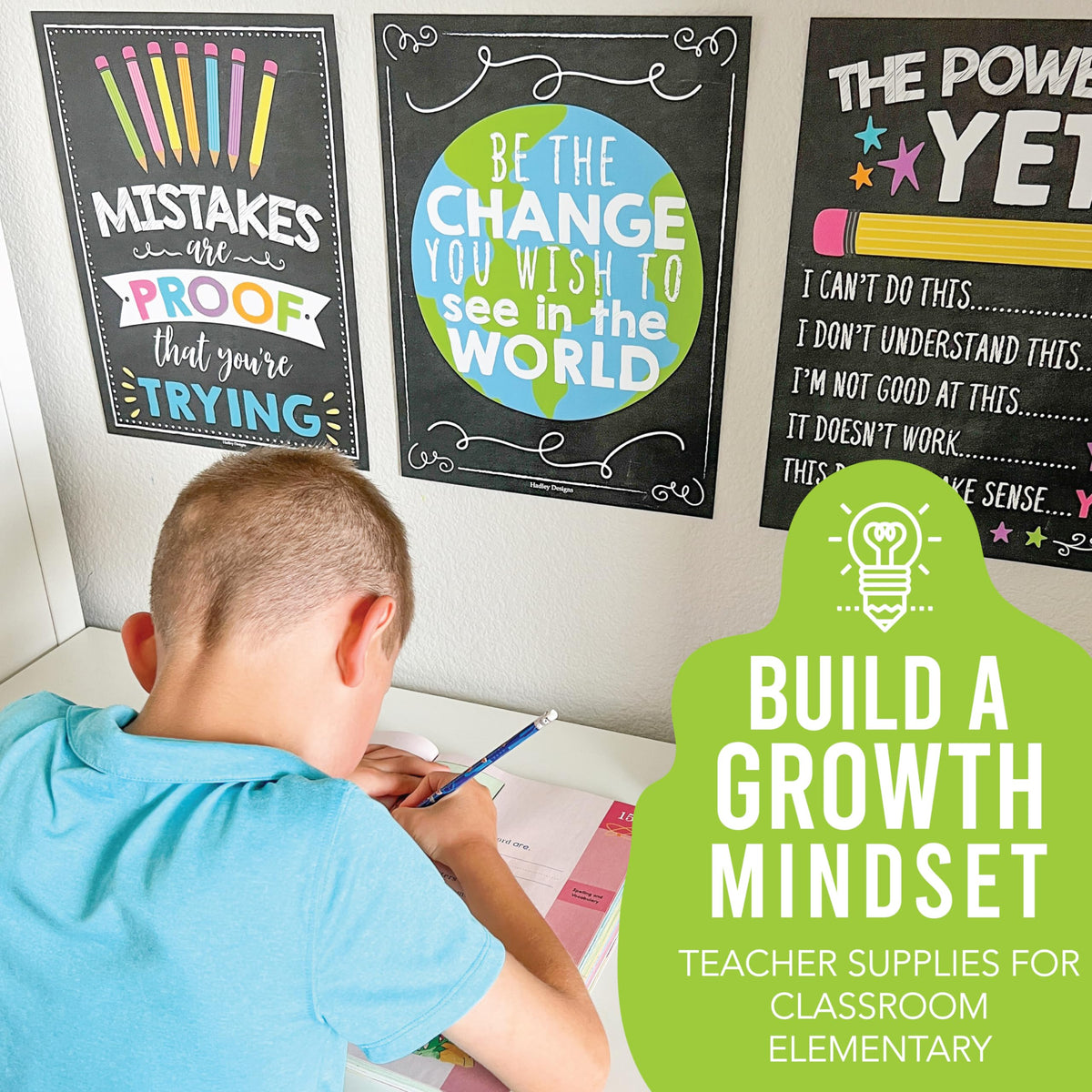 Hadley Designs Motivational Posters for Classroom Decor -9 Growth Mindset Classroom Posters Elementary, Positive Poster Middle School, Inspirational Wall Art, Chalkboard Teacher Bulletin Board Decor