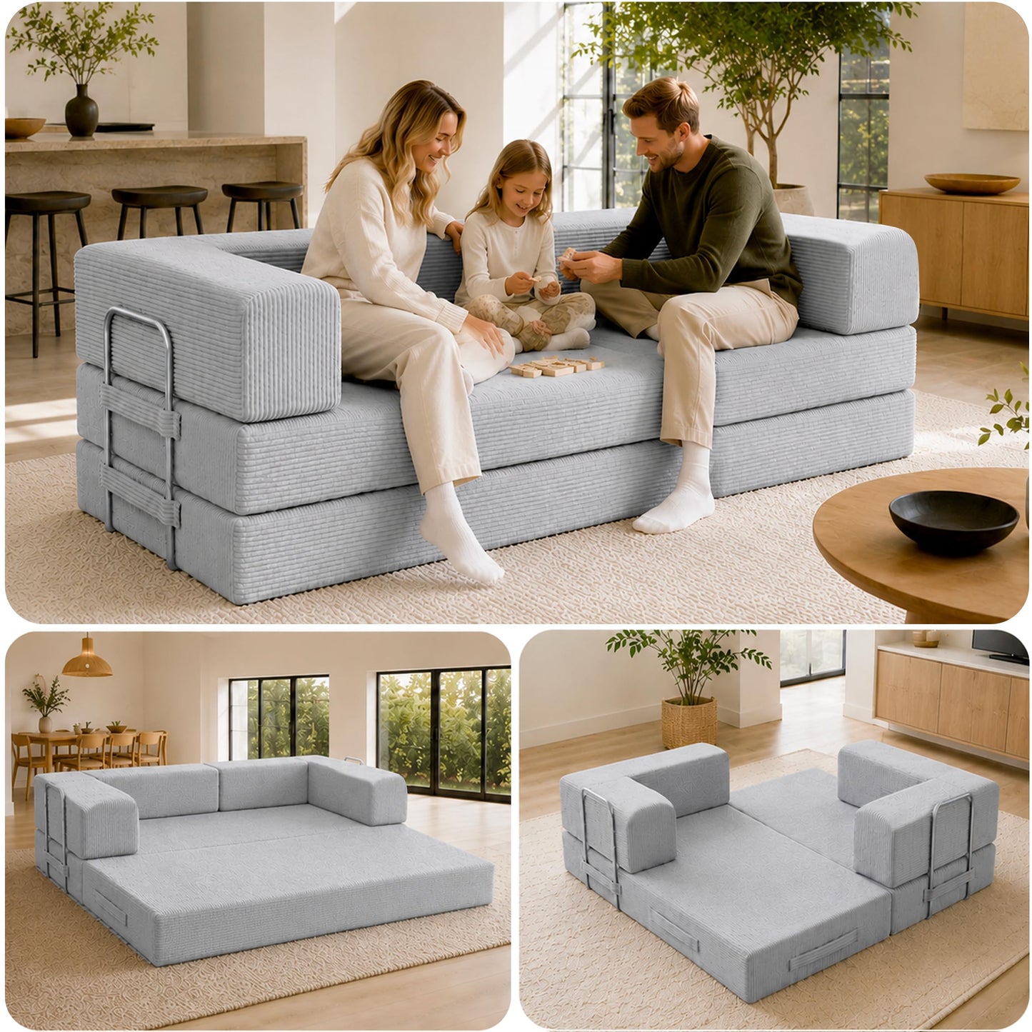 Boneless Couch Sofa Bed - 82" Modular Corduroy Convertible Sleeper Sofa for Living Room – 3 Seater Folding Couch Bed, Pet-Friendly Removable Washable Covers, CertiPUR-US Foam | Tuft&Finch - Light Grey
