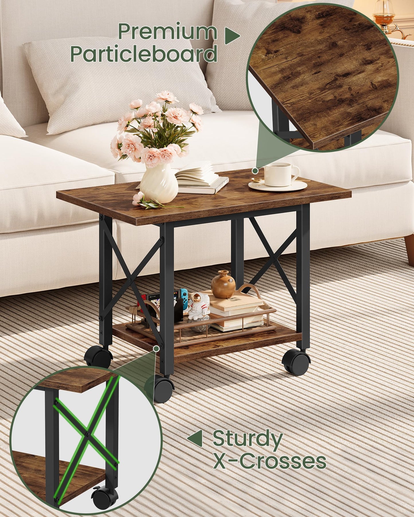 CHOEZON 23.6" Under Desk Printer Stand, 2-Tier Printer Table with Wheels Adjustable Feet for Home Office, Study, Living Room, Rustic Brown and Black TPS01BF