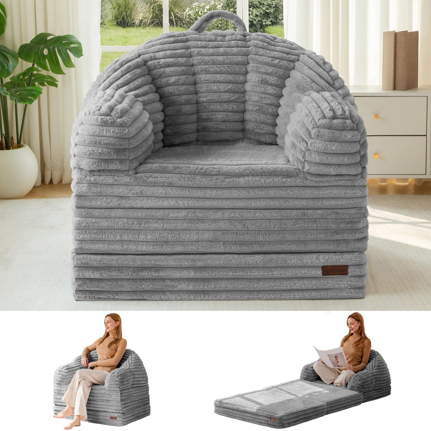 MAXYOYO Folding Sofa Bed, 2 in 1 Convertible Sofa to Lounger Comfy Faux Fur Bean Bag Chair for Adults, Floor Single Couch Chair with Handle, Couch Bed for Living Room Bedroom, Grey