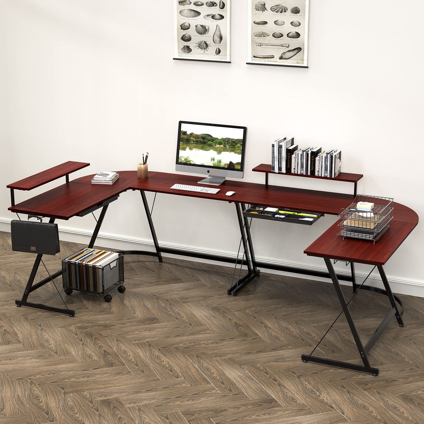SHW 51 x 51 Inches Vista L-Shaped Desk with Monitor Stand and Drawer, Cherry