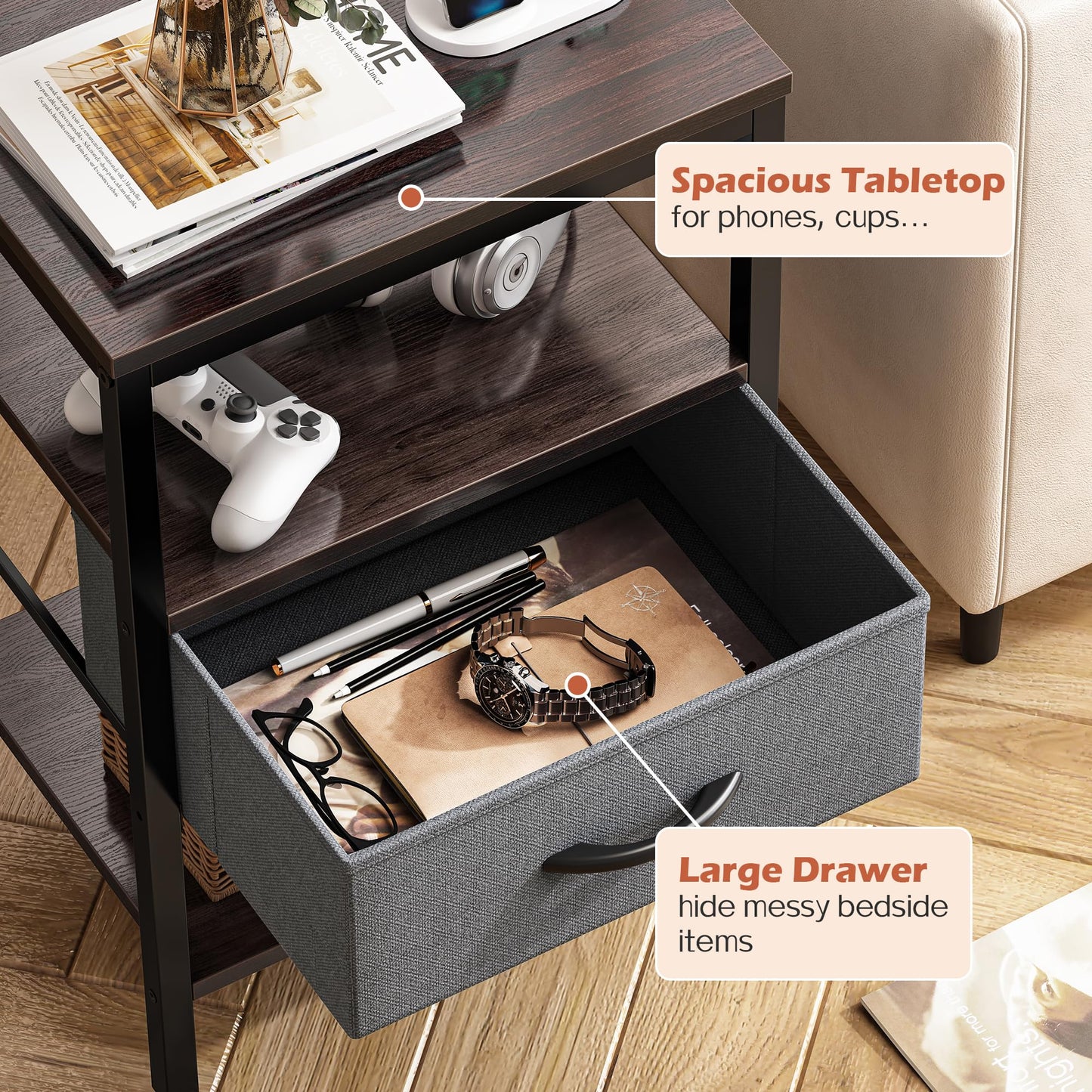 SUPERJARE Nightstand with Charging Station, Bed Side Table with Adjustable Fabric Drawer, Night Stand for Bedroom, 3-Tier Storage End Table, for Living Room - Walnut