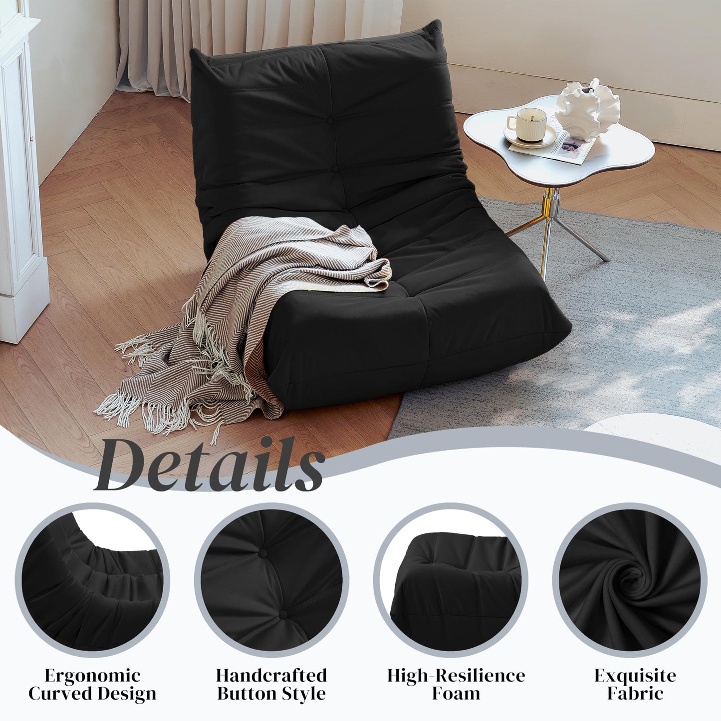 Bean Bag Chair, Fireside Chair Bean Bag Sofa for Adults, Bean Bag Chairs for Teens with High-Resilience Foam, Memory Foam & Non-Slip Base Bean Bag for Living Room, Bedroom, Office (Suede, Black)