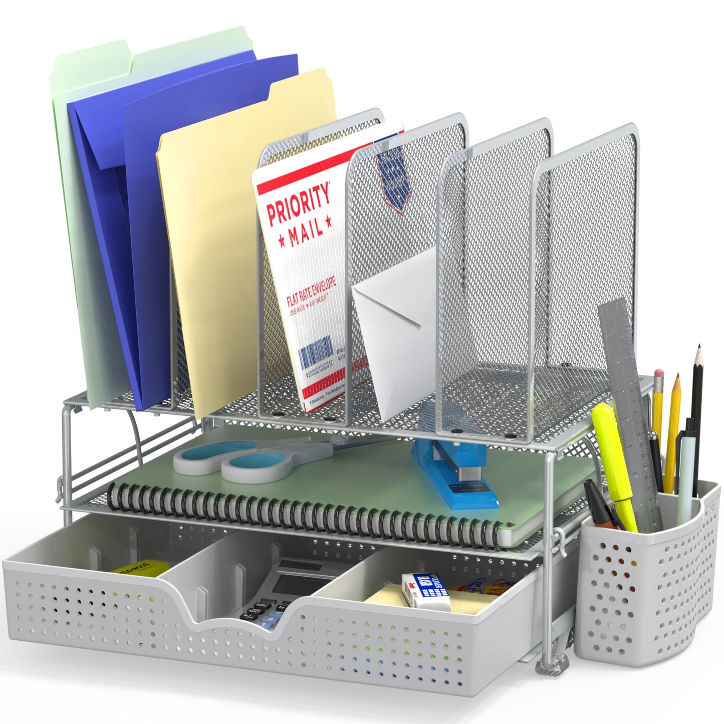 Simple Houseware Mesh Desk Organizer with Sliding Drawer, Double Tray and 5 Upright Sections, Silver