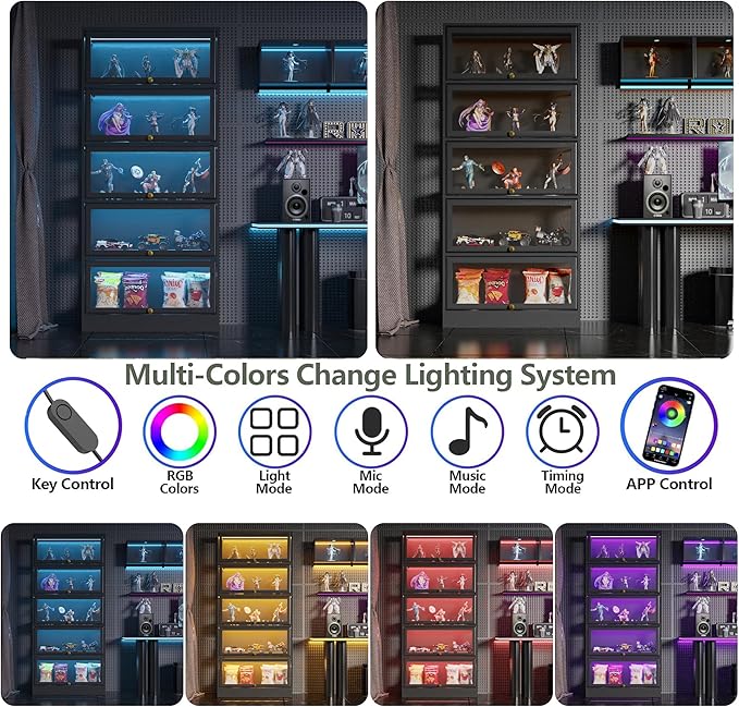 Display Cabinet with Acrylic Glass Doors, 5-Tiers Curio Cabinet with LED