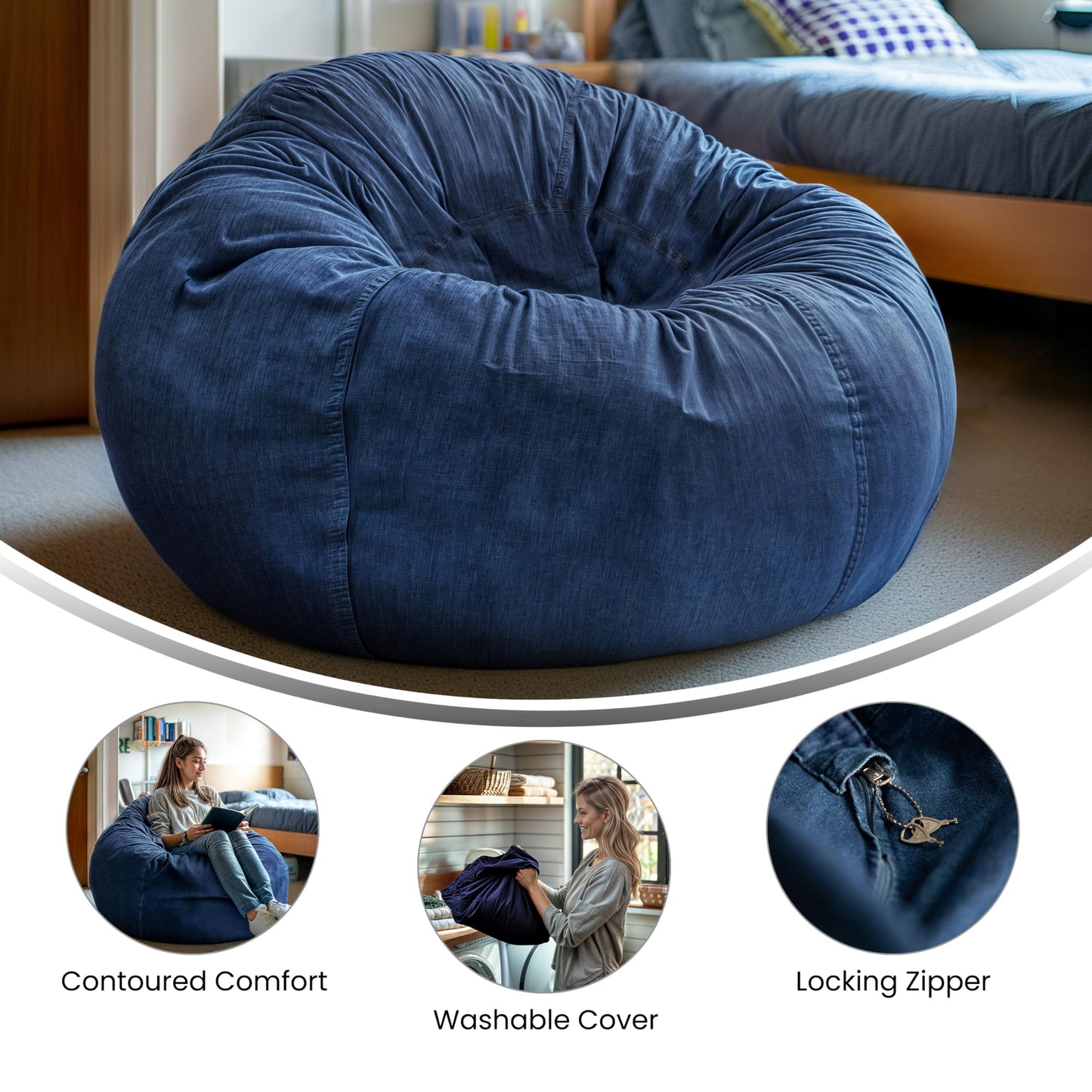 Flash Furniture Duncan Oversized Bean Bag Chair for Kids and Adults, Foam-Filled Beanbag Chair with Machine Washable Cover, Denim