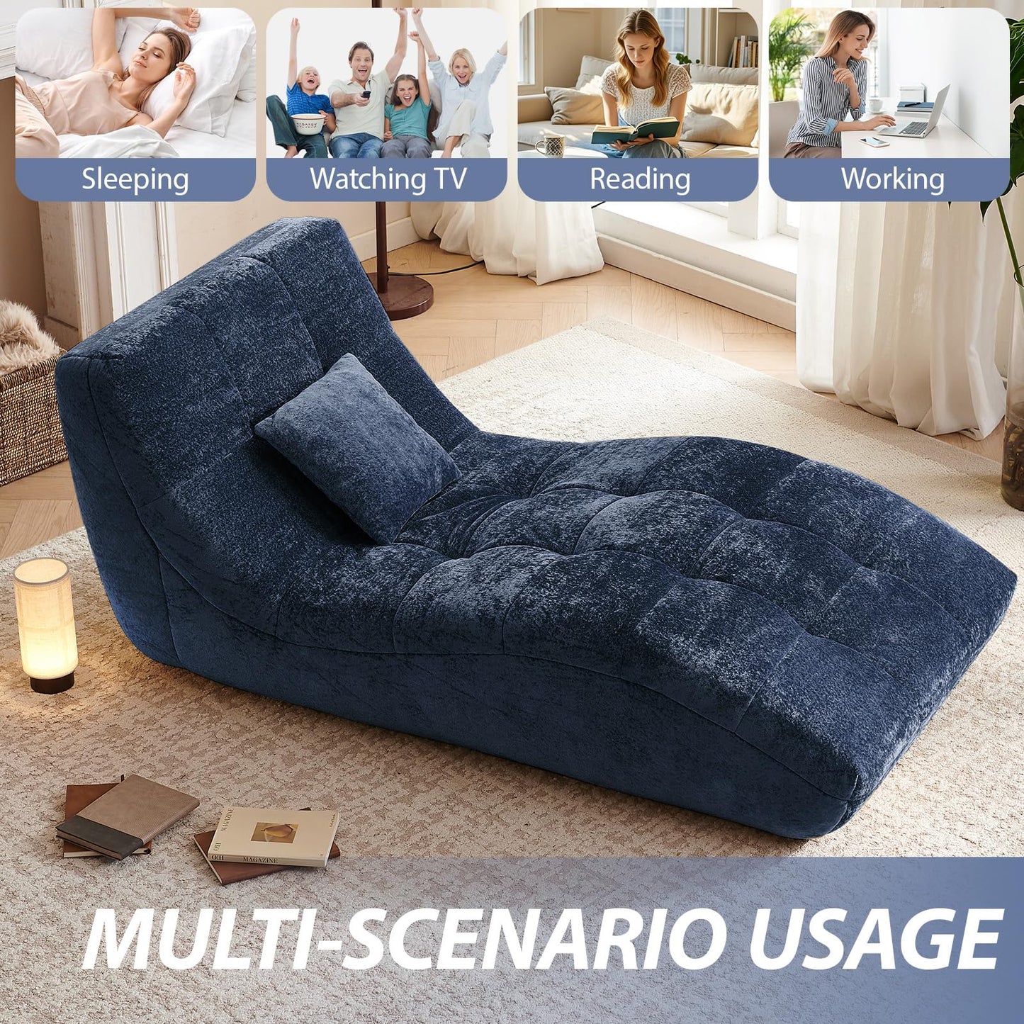 Huadeo Chaise Lounge Chair with Curved Back, Modern Upholstered Recliner Sofa, Tufted Accent Lounger Comfortable Lazy Chair for Bedroom, Apartment (Blue)