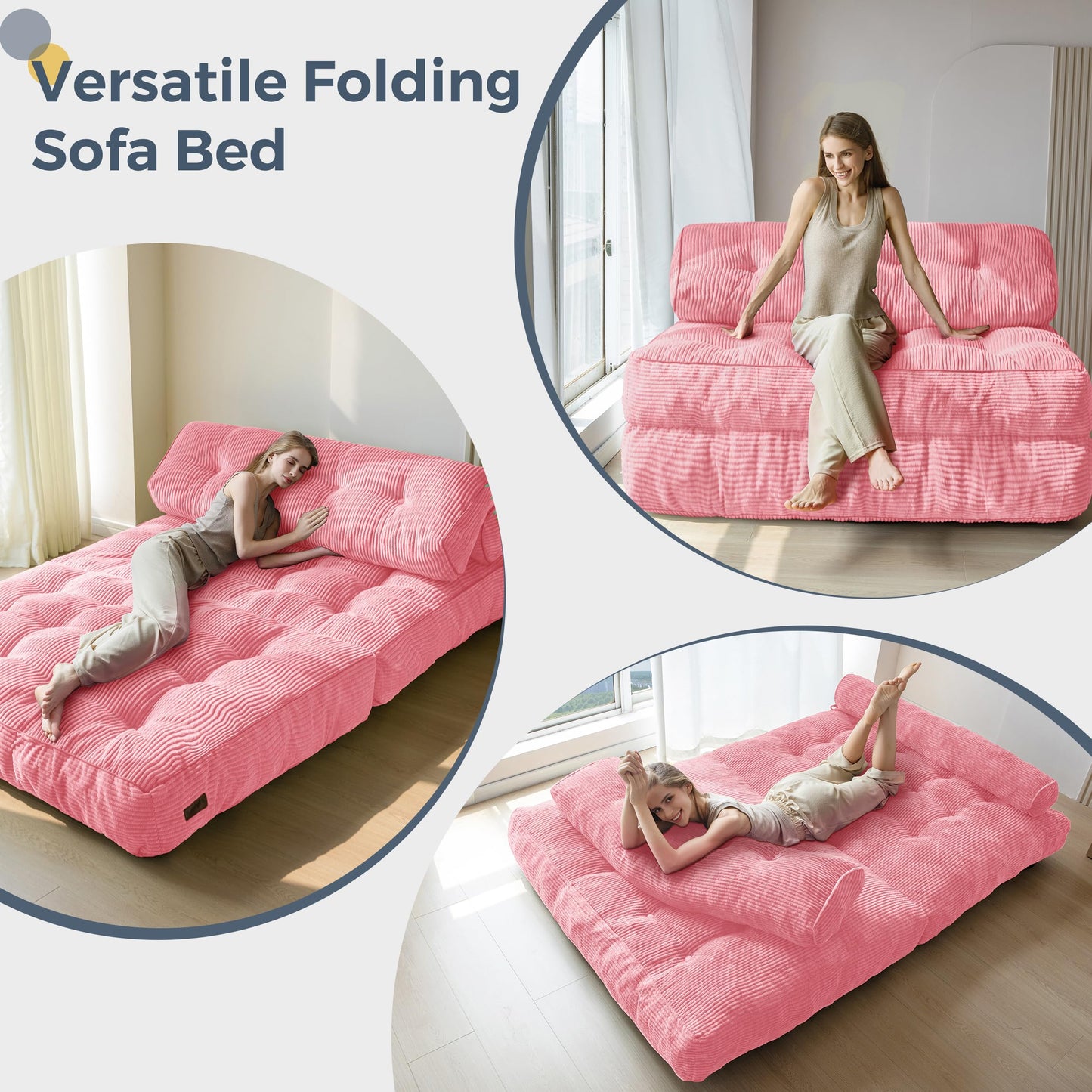MAXYOYO Folding Sofa Bed, Convertible Chair with Pillow Foldable Couch with Back Support, Portable Fold Out Chair Bed Comfy Floor Sofa Lounge for Living Room Bedroom, Pink Double