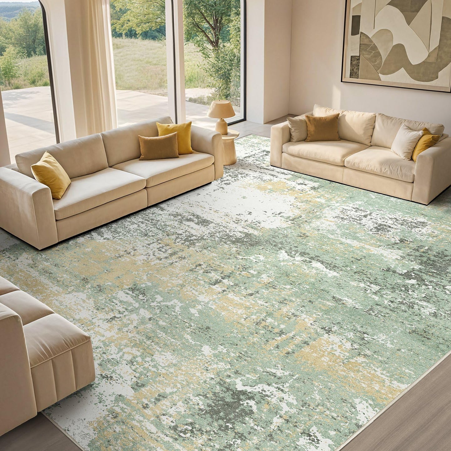 Micgeek Area Rug Living Room - 8X10 Abstract Washable Large Soft Foldable Non Slip Rug Neutral Modern Low Pile Carpet for Bedroom Nursery Dining Room Farmhouse Home Office Indoor - Green