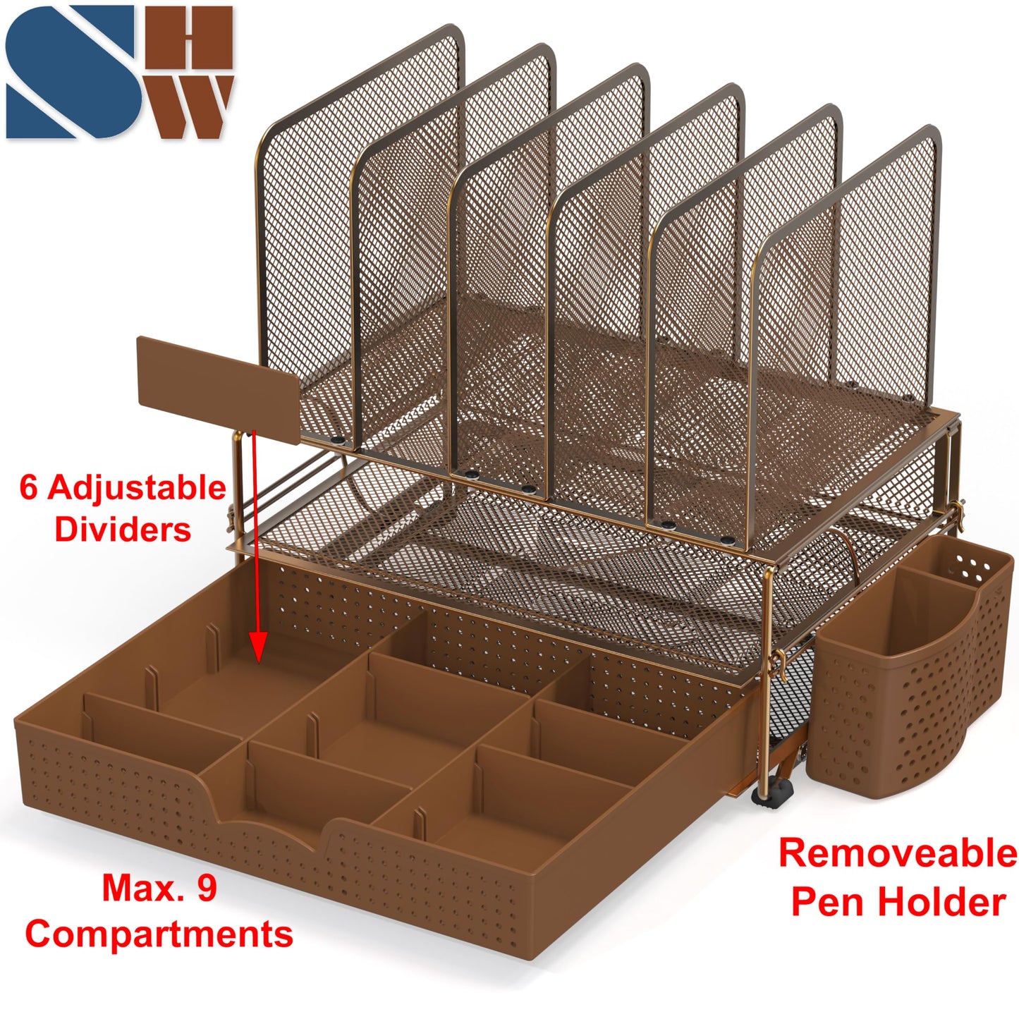 Simple Houseware Mesh Desk Organizer with Sliding Drawer, Double Tray and 5 Upright Sections, Copper