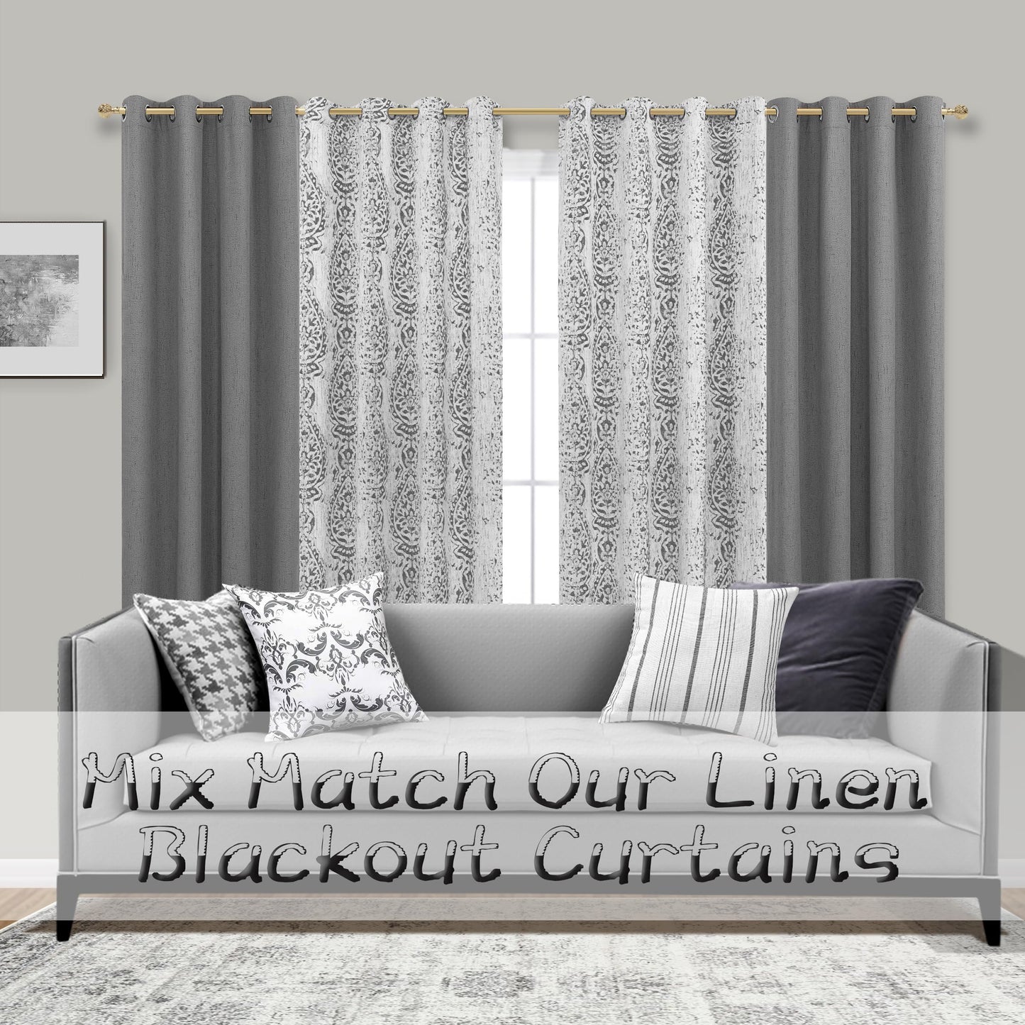 Mrs.Naturall 108 Inch 9FT Farmhouse Room Darkening Curtains, Damask Jacquard Luxury Grommet Drapes for Living Room Bedroom, 2 Panels Set, 9 FT Length 52'' L x 108'' W, Grey and White