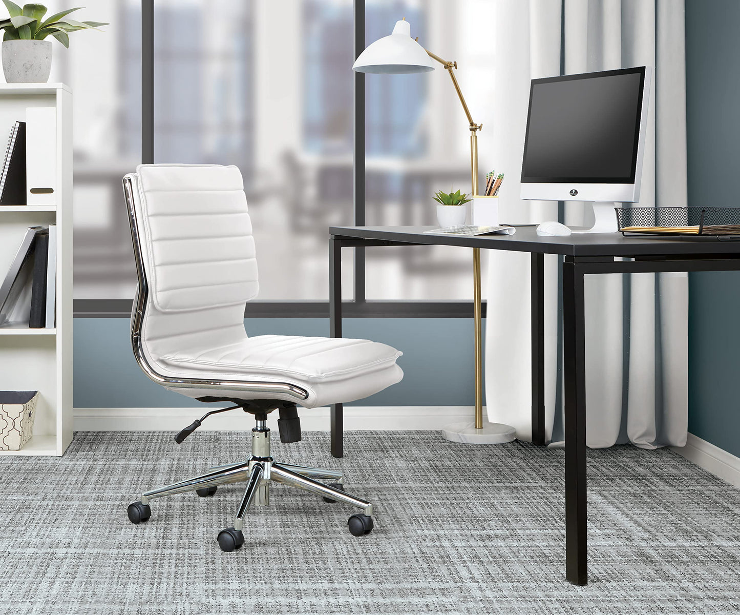 Office Star SPX Professional Ergonomic Ribbed Faux Leather Office Chair with Chrome Base, Mid Back Manager's Chair Without Arms, White