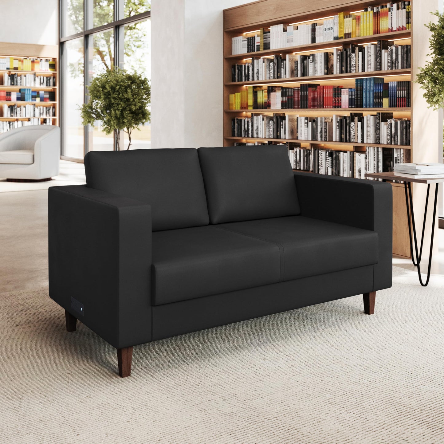 Flash Furniture Hercules Artemis Commercial Loveseat for Reception and Lobby Use with Solid Wood Legs, 2 Outlets, 1 USB, and 1 USB-C Ports, Black LeatherSoft