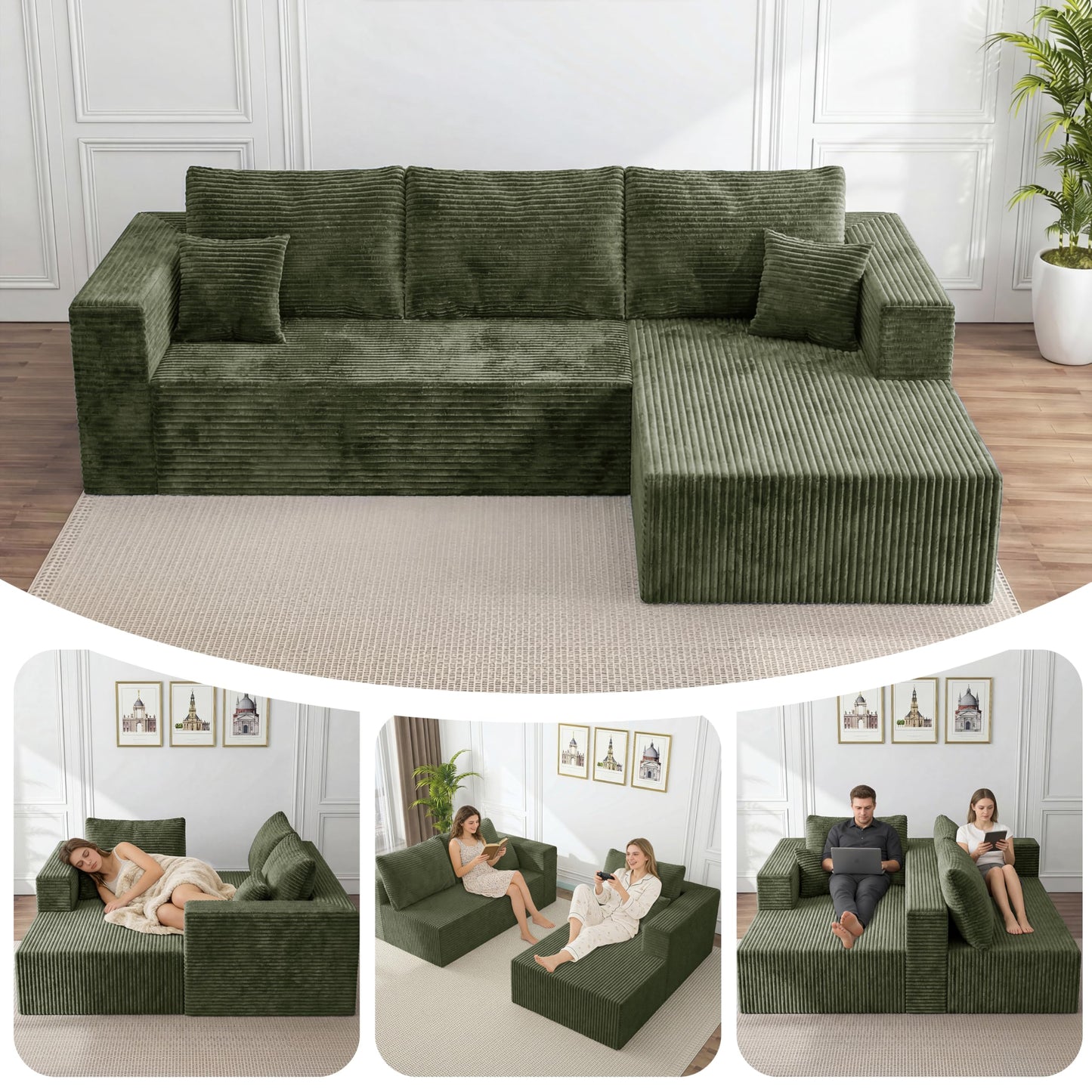 92.5" LSectional Sofa,Cloud Sectional Boneless Couches for Living Room, Couch with Deep Seat Oversized Right Facing Chaise, Memory Foam Compressed Spineless 3 Seater Sofa for Apartment