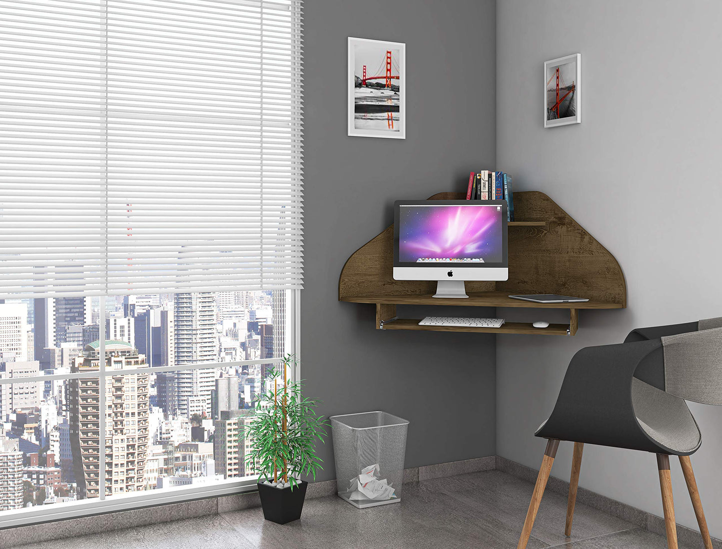 Manhattan Comfort Bradley Mid Century Modern Home Office Cubicle Section Study Desk, 2 Piece, Rustic Brown