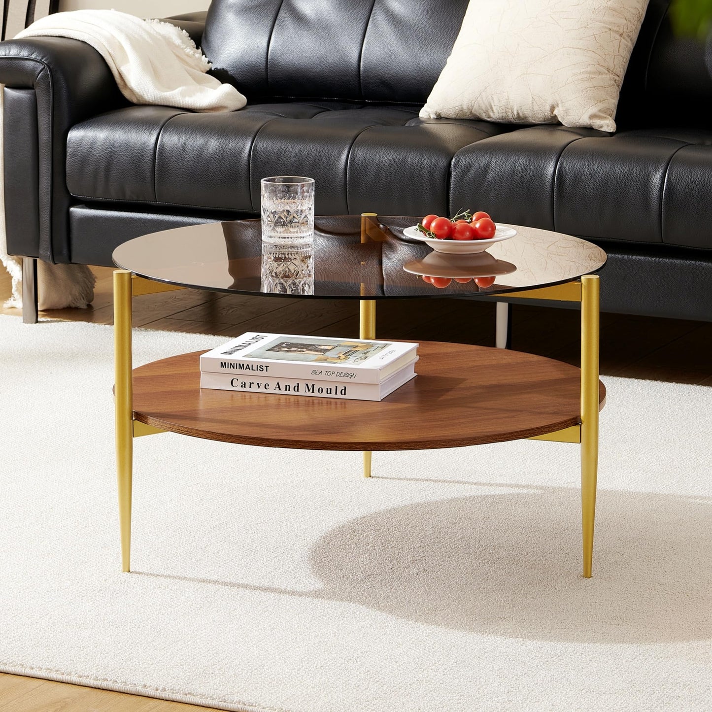 Pine Flicker Round Coffee Table, Mid-Century Modern Design, D30*H17 inch, for Living Room, 2-Tier Structure, Amber Glass Top and Walnut Wood Shelf, Sleek Conical Metal Legs with Gold Finish