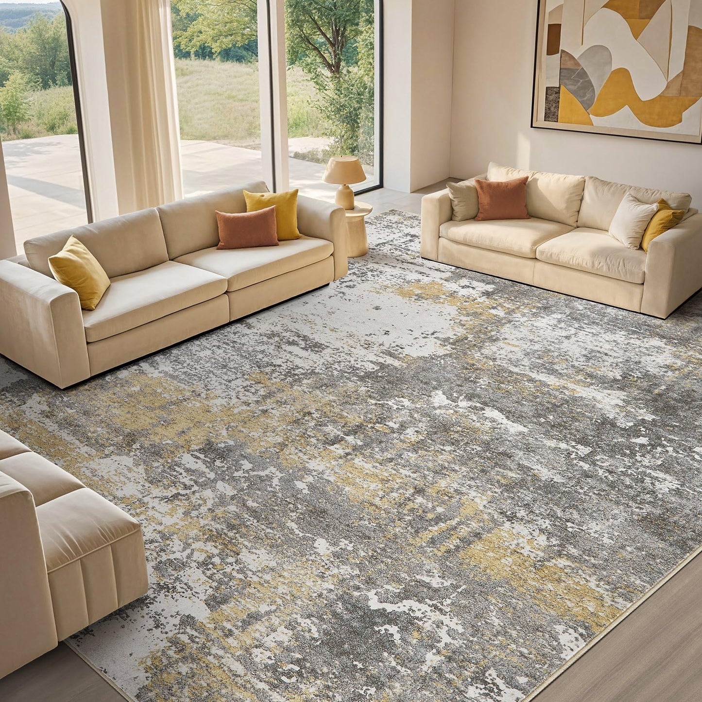 Micgeek Area Rug Living Room - 9X12 Abstract Washable Large Soft Foldable Non Slip Rug Neutral Modern Low Pile Carpet for Bedroom Nursery Dining Room Farmhouse Home Office Indoor - Grey Gold