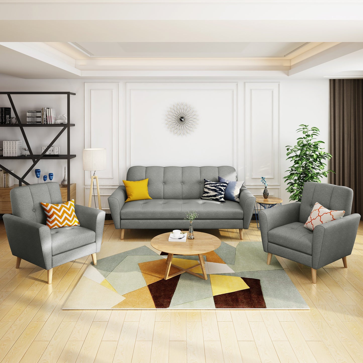Christopher Knight Home Treston Mid-Century Fabric Sofa Chat Set, 3-Pcs Set, Grey / Natural