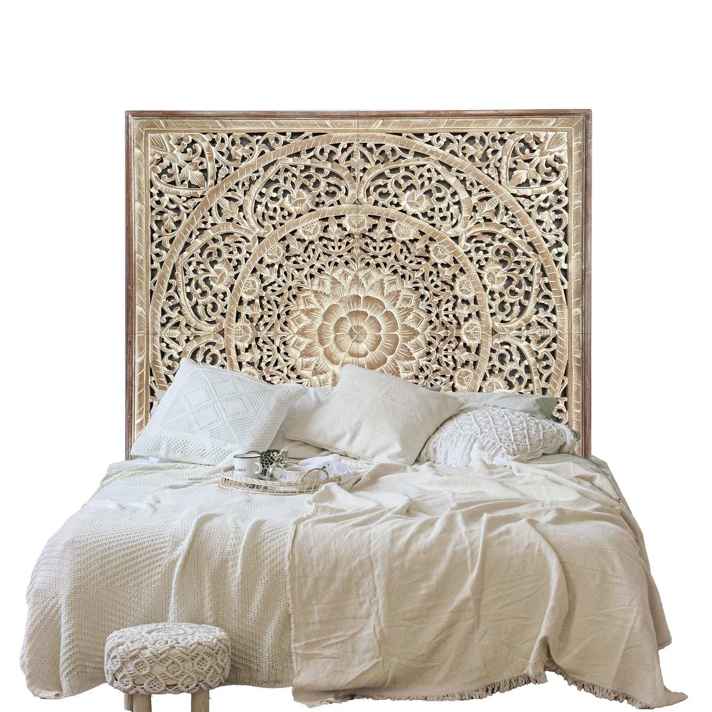 KultureDeco Manusa Antic Custom Engraved Wood Headboard Panels, Personalized Hand Carved Mandala Boho Bedroom Wall Decor, King or Queen, Hardware Included