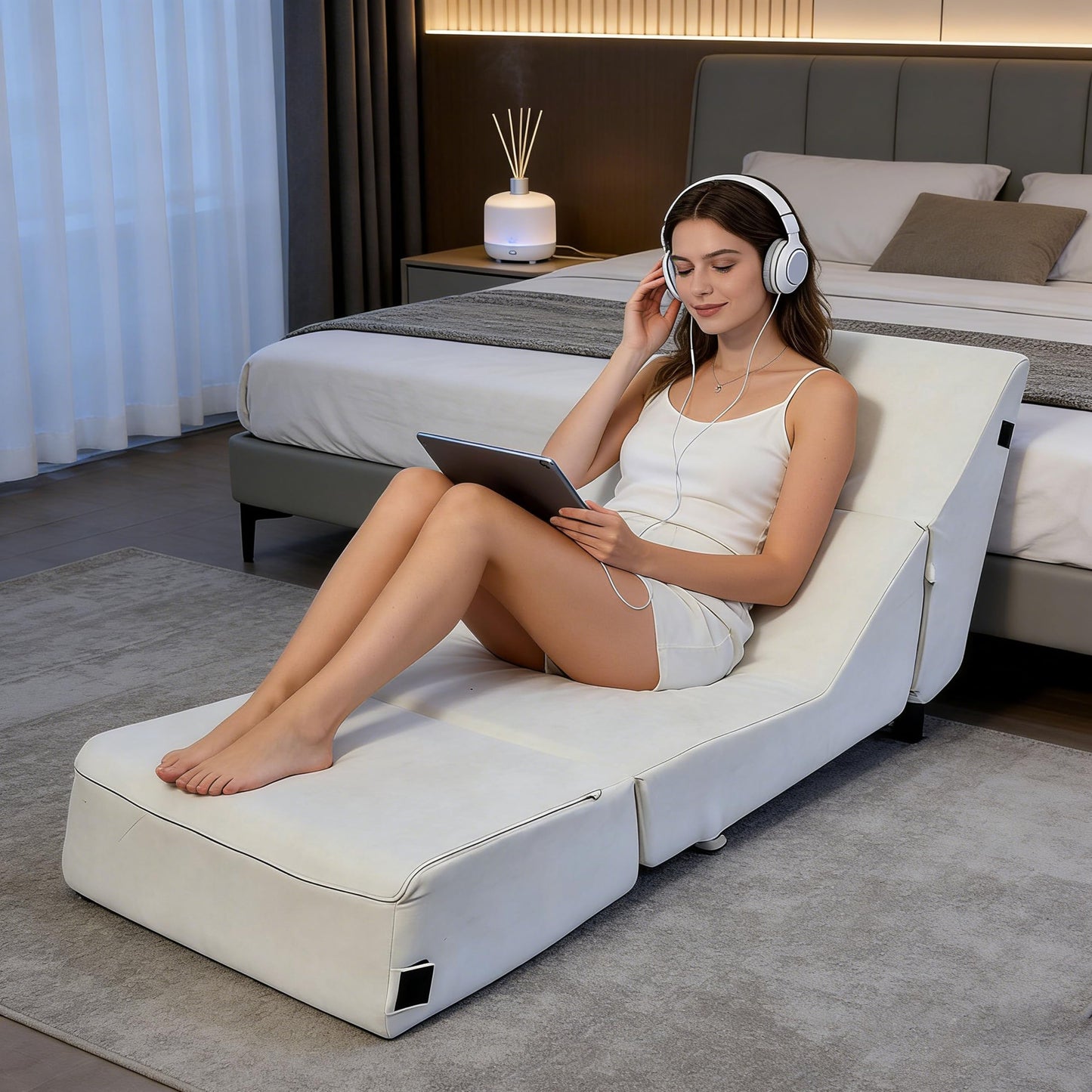 jela Luxury Indoor Chaise Lounge, Foldable Sofa Bed Chair with Soft Foam & Machine Washable Cover (Miss Sand)