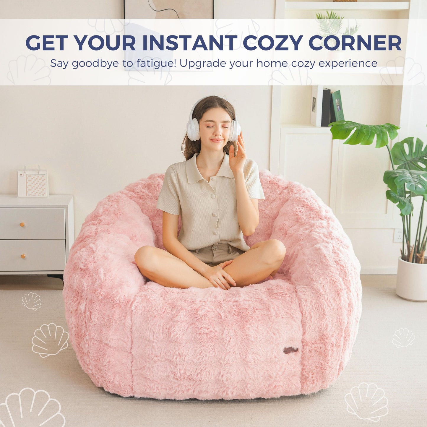 MAXYOYO Giant Bean Bag Chair for Adults, Stuffed Shell-Shaped Large Bean Bag Couch, Cozy Living Room Chair with Filler, Lazy Floor Sofa for Bedroom Living Room, Pale Pink
