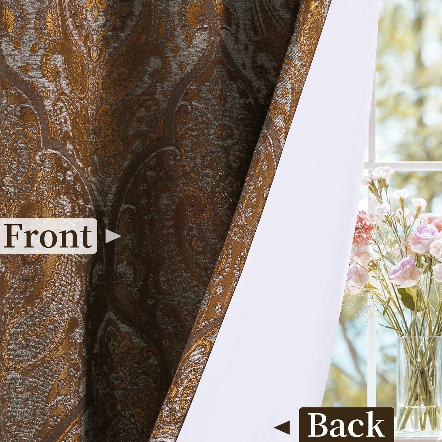 Loom and Mill Luxury Jacquard Curtains for Bedroom, Classic Antique Lined Damask Curtains 2 Panels with Tiebacks, Bronze Gold Window Curtain for Living Room Holiday Banquet Decor(52Wx84L, 2 Panels)