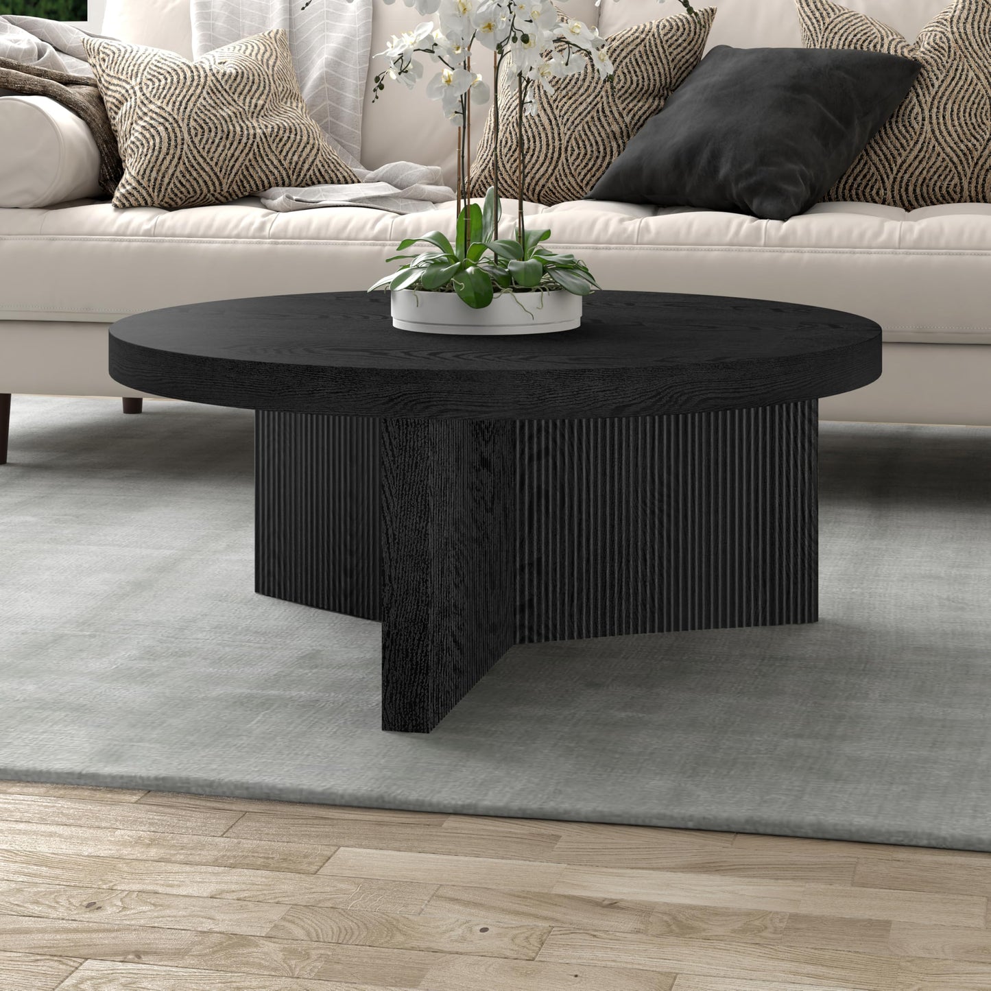 Henn&Hart 36" Fluted Round Low-Profile Coffee Table with Ribbed Pedestal Base for Living Room, Family Room, or Office, Natural Black
