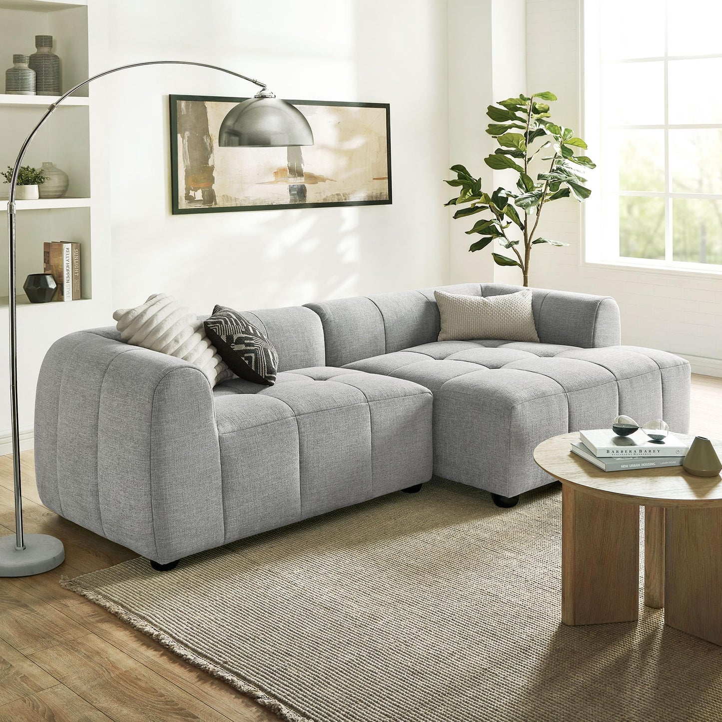 Modway Liana Right-Facing Modular Sofa with Chaise in Pewter - Modern Sectional Sofa Couch Furniture Set - Upholstered Fabric Chaise and Chair for Living Room, Lounge, Apartment