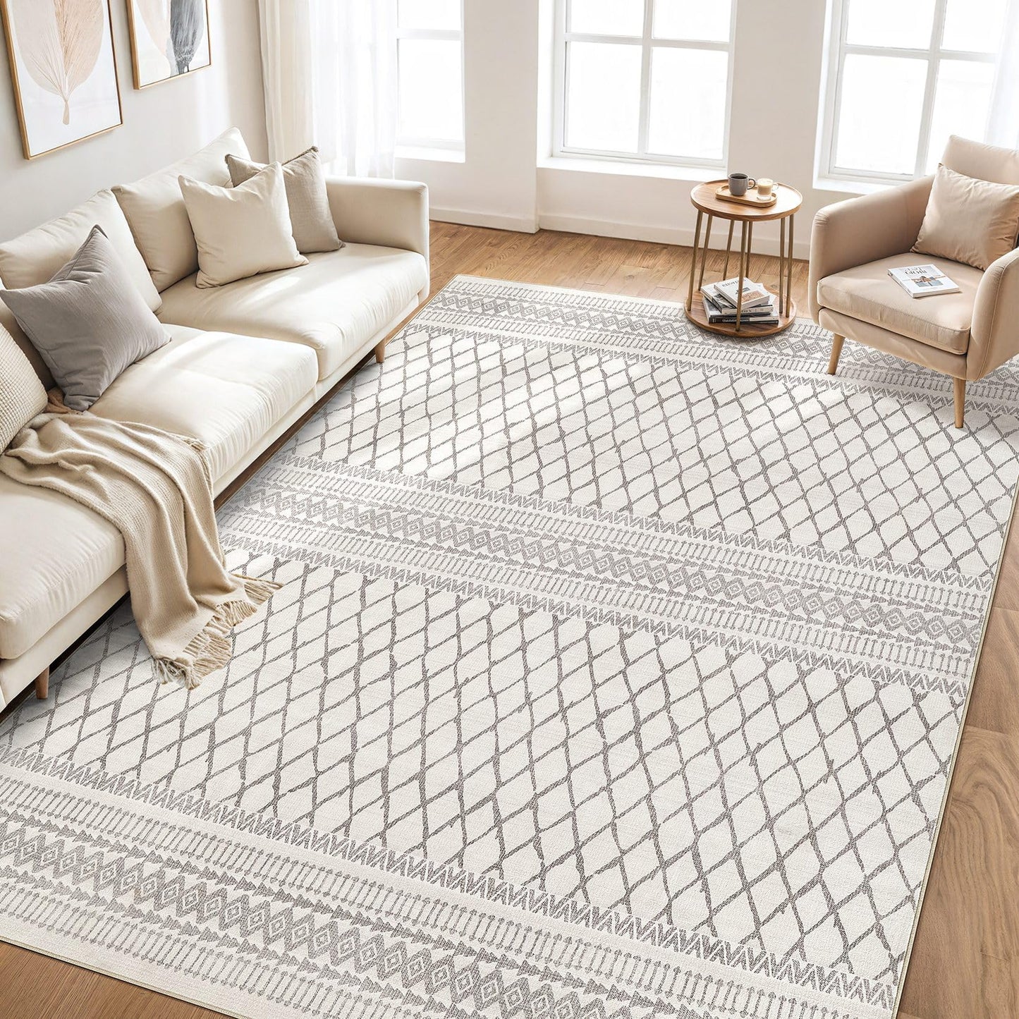 cotiled 5x7 Area Rugs Living Room Rug: Washable Boho Rugs with Non Slip Backing Large Soft Indoor Stain Resistant Carpet for Bedroom Farmhouse Dining Room Lightweight Home Decor Beige/Gray