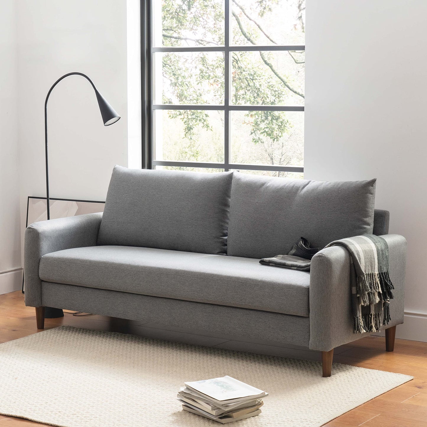 Mellow MAE Mid-Century Modern Curved Arm Sofa with Solid Wood Legs, Light Grey