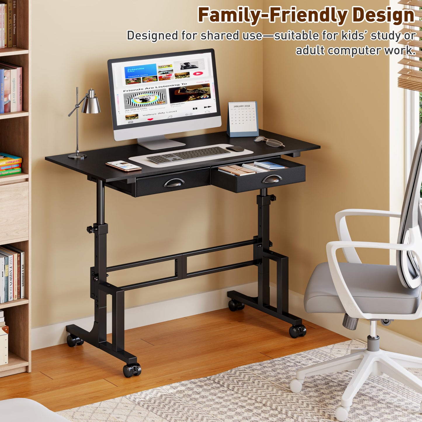 Jsskeeim Adjustable Standing Desk with Drawers, Rolling Sit Stand Desk with Wheels for Walking Pad, Small Mobile Computer Desk for Home Office, Portable Height Adjustable Desk 31.5"-43.3", Black