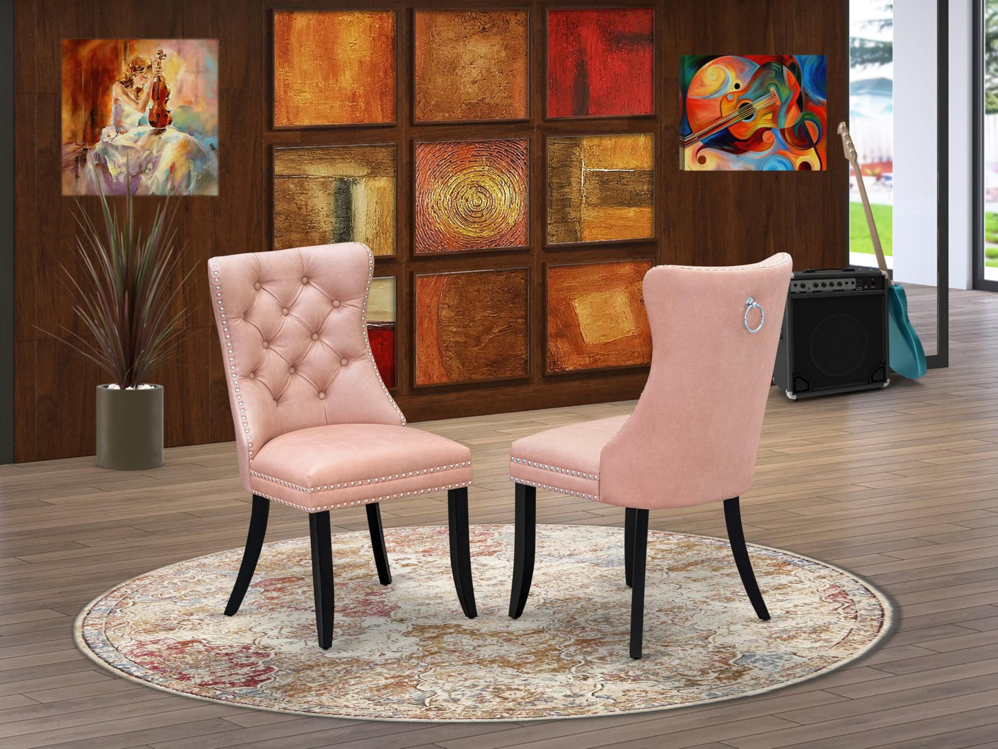 East West Furniture DAP6F23 Dallas Parson Kitchen Chairs - Button Tufted Nailhead Beige Red Polyester Fabric Padded Dining Chairs, Set of 2, Wirebrushed Black