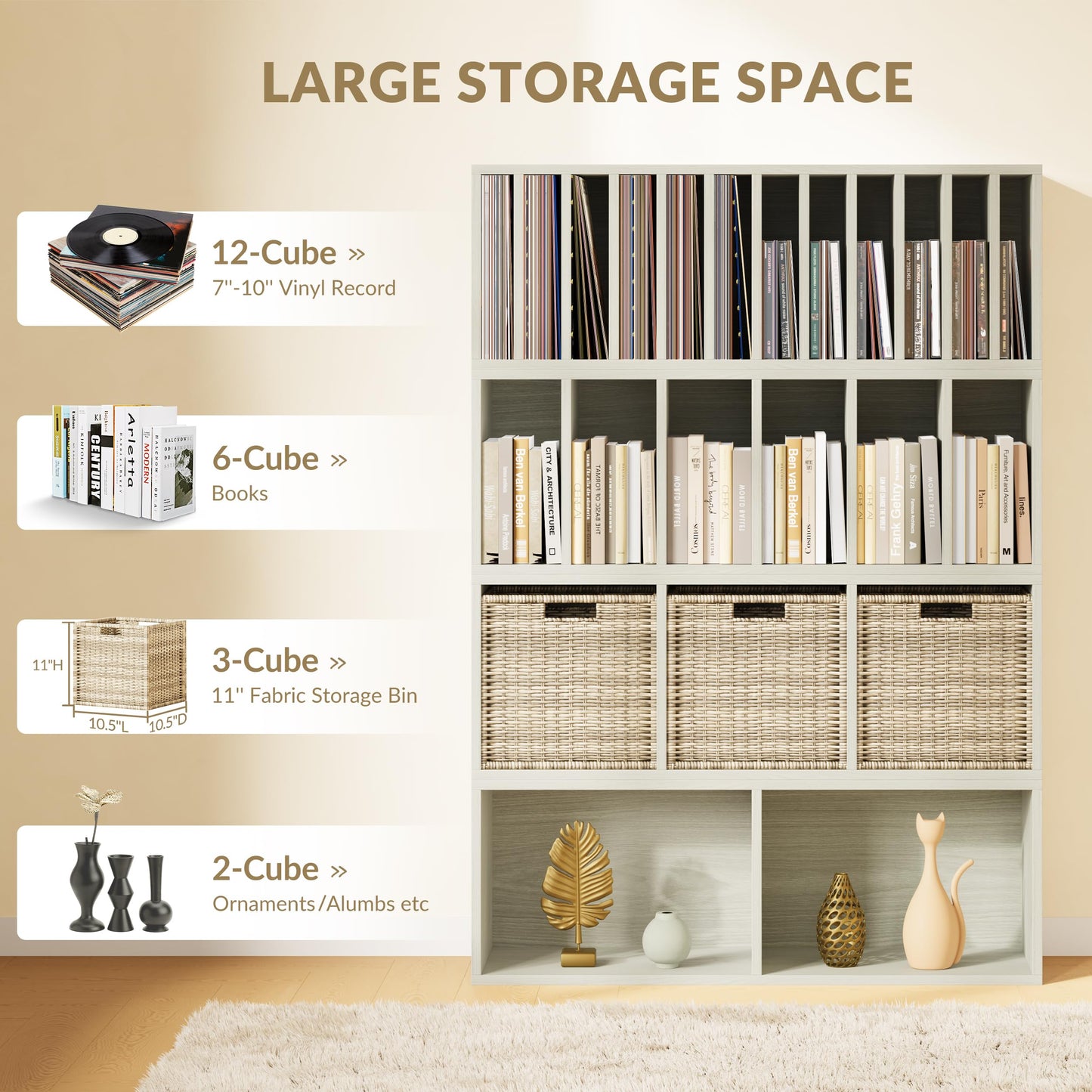 IOTXY DIY Modular Cube Bookcase - CubeXY Customizable Stackable Expandable Combination Set, 23-Cube Open Bookshelf for Books, Fabric Storage Bin, and 7/10-inch Vinyl Record Organizer, Oak