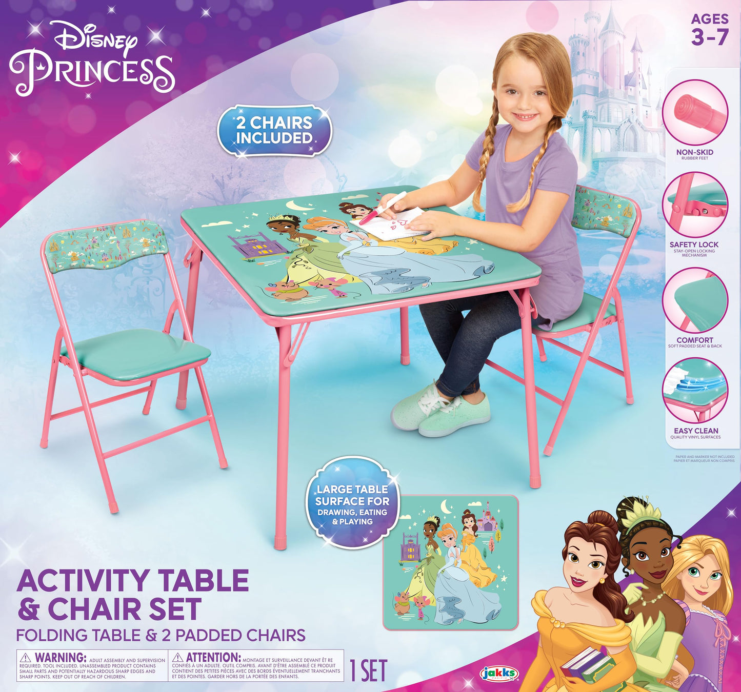 Disney Princess Girls Folding Table & Chairs Set for Kids and Toddlers 36 Months Up to 7 Years, Includes: 1 Table (36" L x 24" W x 20" H), 2 Chairs (13" L x 13.5" W x 21" H) Weight Limit: 70 lb