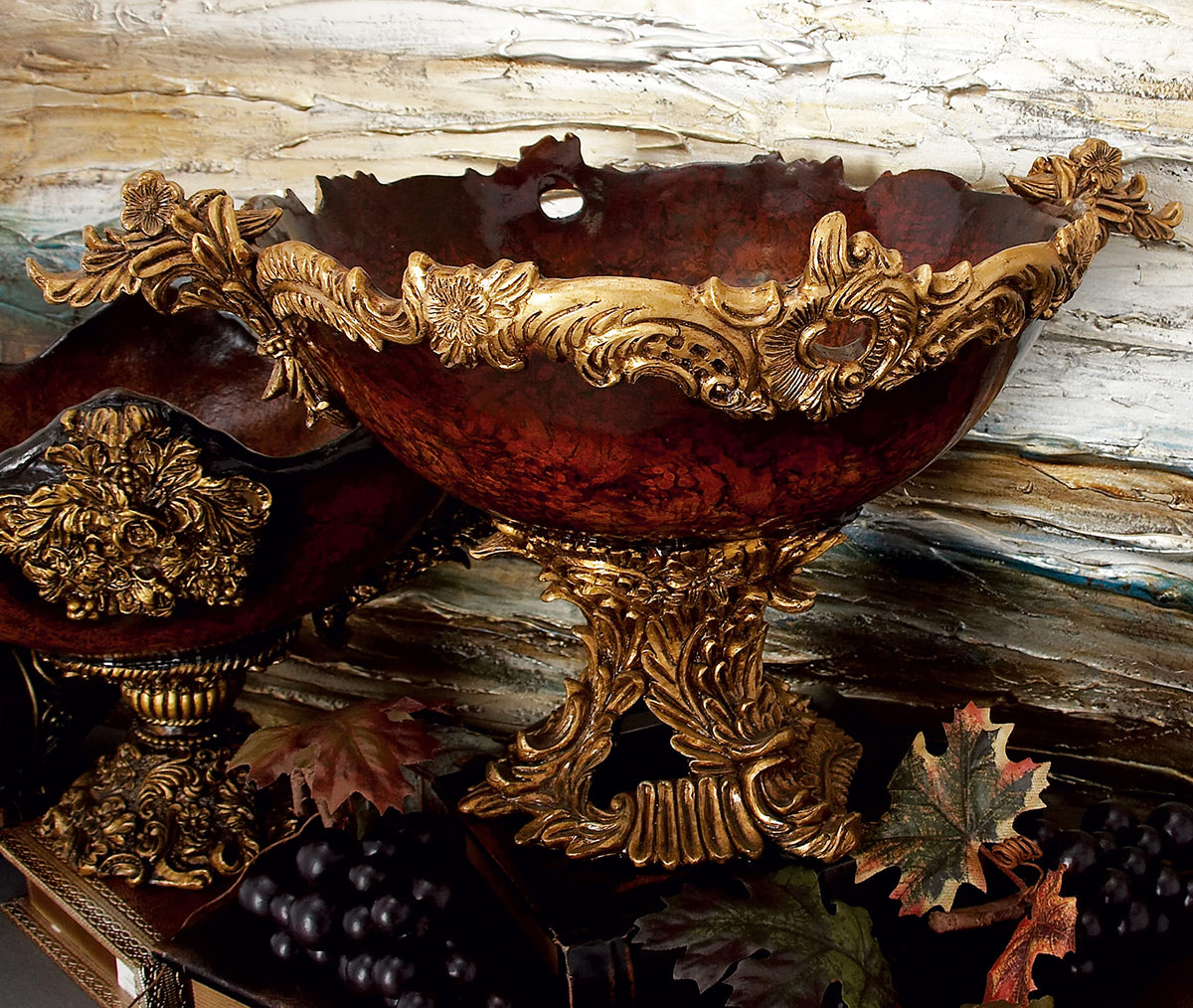 Deco 79 Polystone Leaf Decorative Decorative Bowl Intricately Carved Arabesque Decorative Container, Decorative Keepsake Box 19" x 14" x 11", Gold