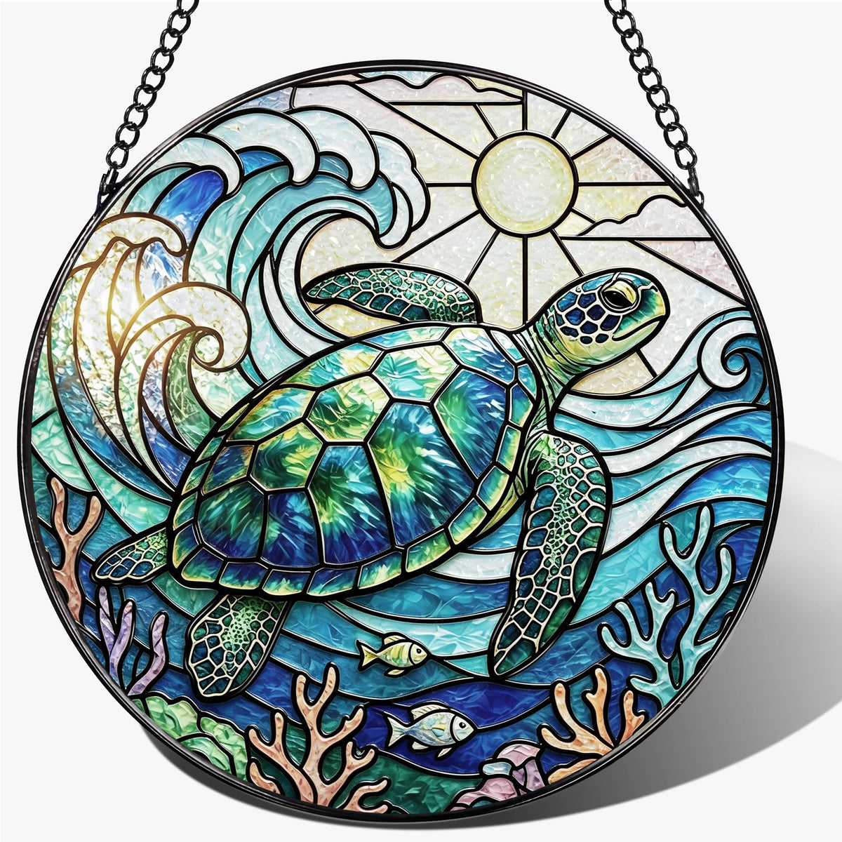 Stained Glass Window Hanging, 7.8 Inch Sea Turtle Stained Glass Suncatcher, Ocean Wave Window Hanging Ornament, Coastal Beach Decor, Sea Turtle Gifts for Ocean Lovers, Nature Lovers & Beach House