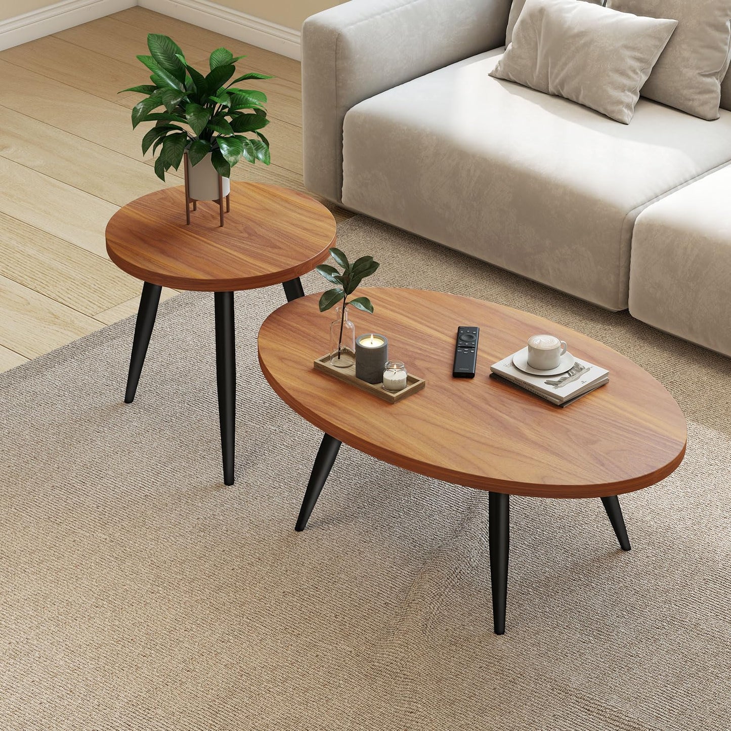 Permory 2-Piece Nesting Coffee Table Set, Oval & Round Mid-Century Modern Side Tables with MDF Tabletop & Metal Tapered Legs, Accent Table Set for Living Room, Small Spaces, Walnut