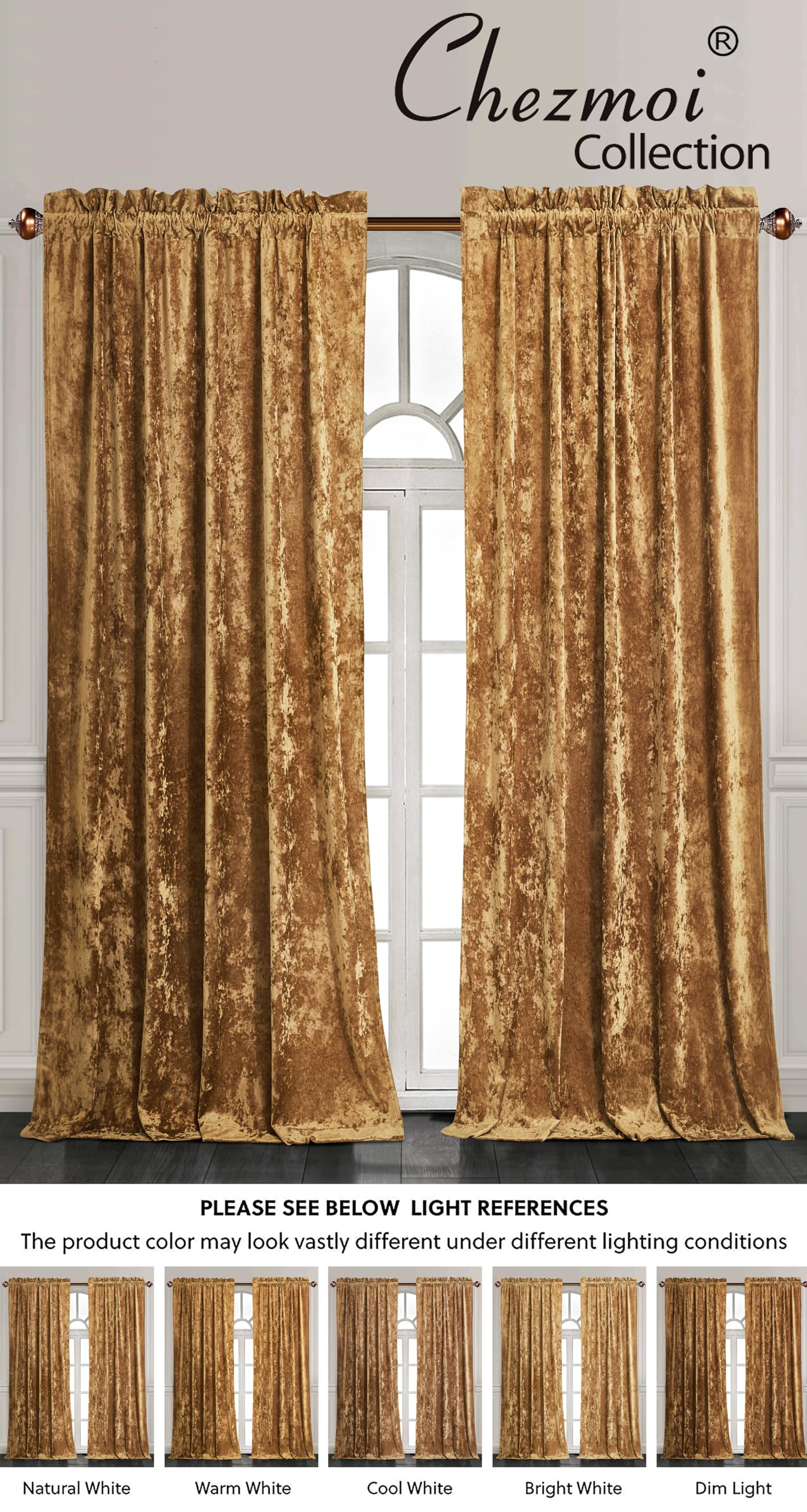 Chezmoi Collection Lux Caramel Gold Crushed Velvet Curtains 2 Panel Set - 72 inches Long Room Darkening Luxury Distressed Velvet Rod Pocket Window Drapes for Living Room Bedroom 50" W x 72" L