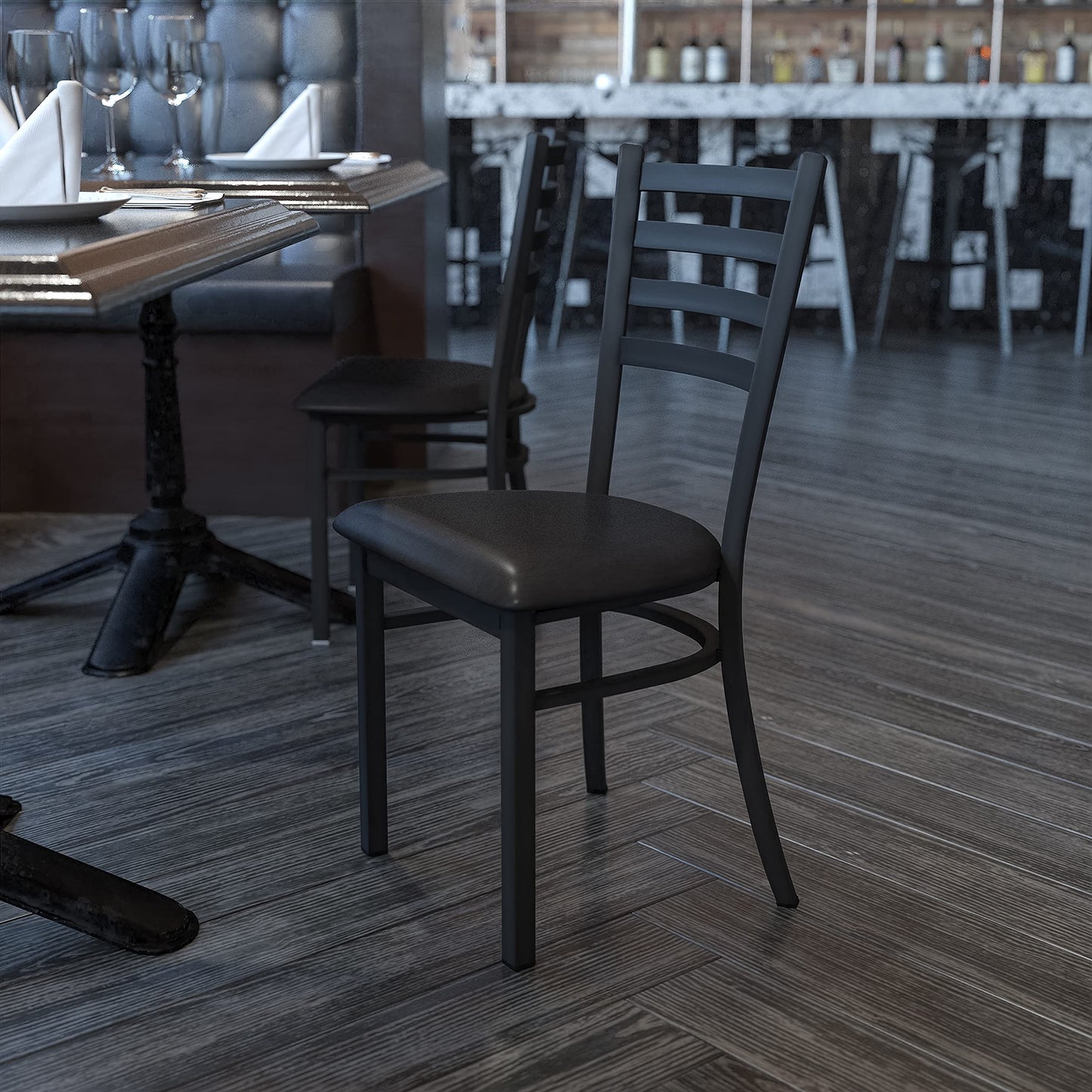 Flash Furniture HERCULES Series Black Ladder Back Metal Restaurant Chair - Black Vinyl Seat