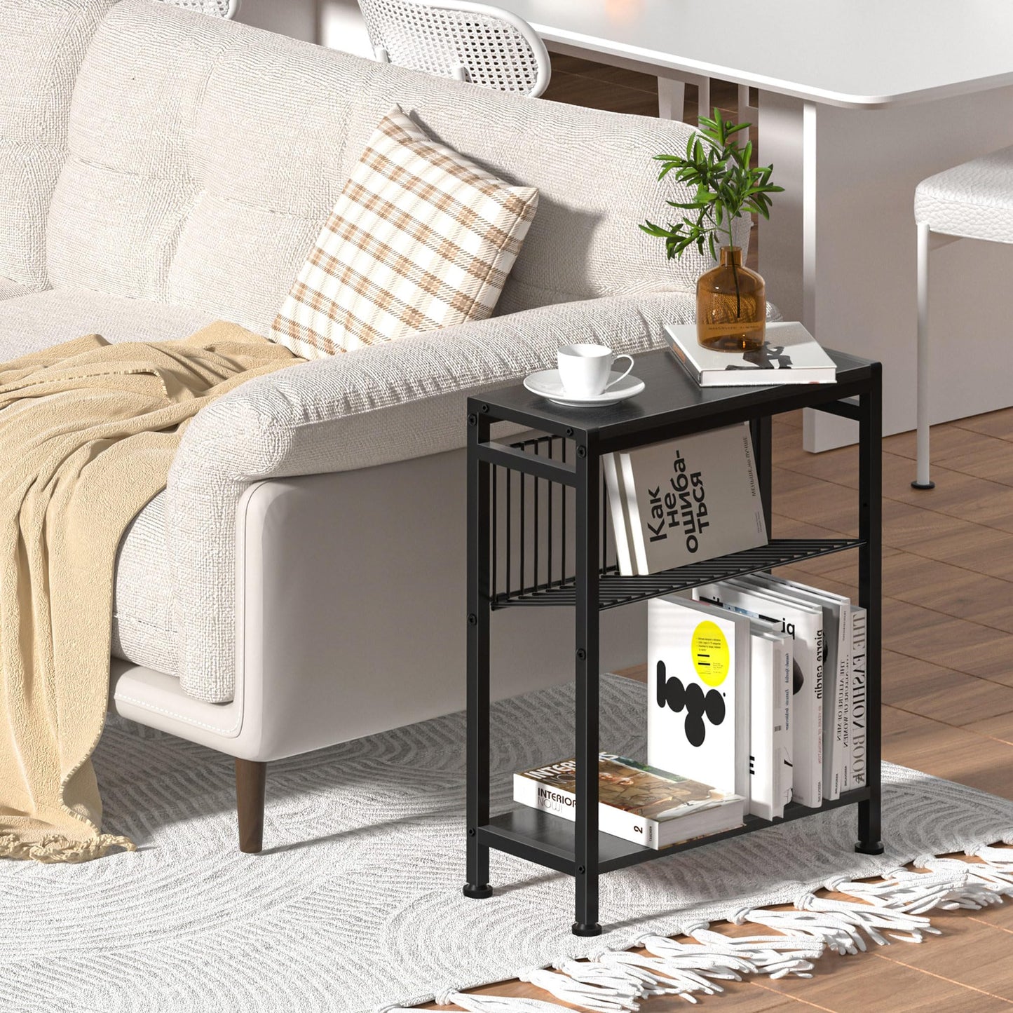 Lifenite Side Table for Small Spaces, Narrow End Table with Adjustable V-Shaped Magazine Rack, 7.1"D x 17"W x 21.7"H, Black