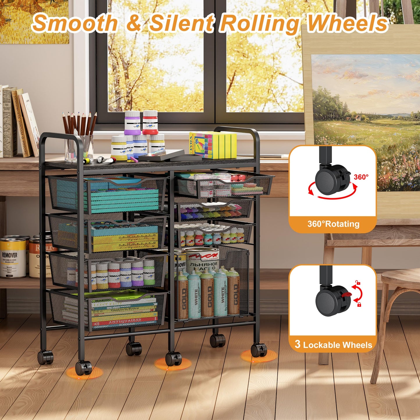 Aokitsink Rolling Cart with Drawers,8-Drawer Storage Cart with Wooden Tabletop and Lockable Wheels,Craft Storage & Art Supply Organizer,Letter-Size File Drawer for Classroom, Office & Home