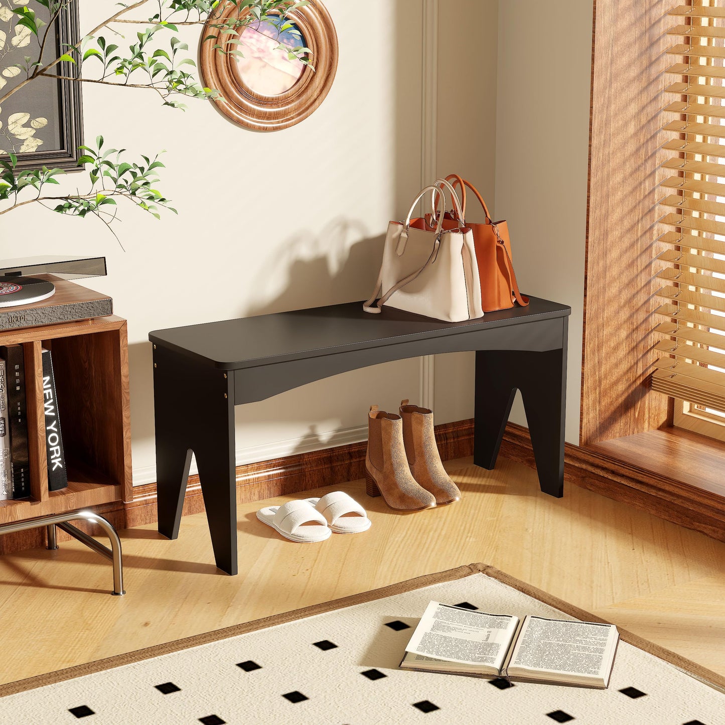 APRTAT Bamboo 35.4" Dining Room Bench, Long Indoor Shoe Bench Seat, Black