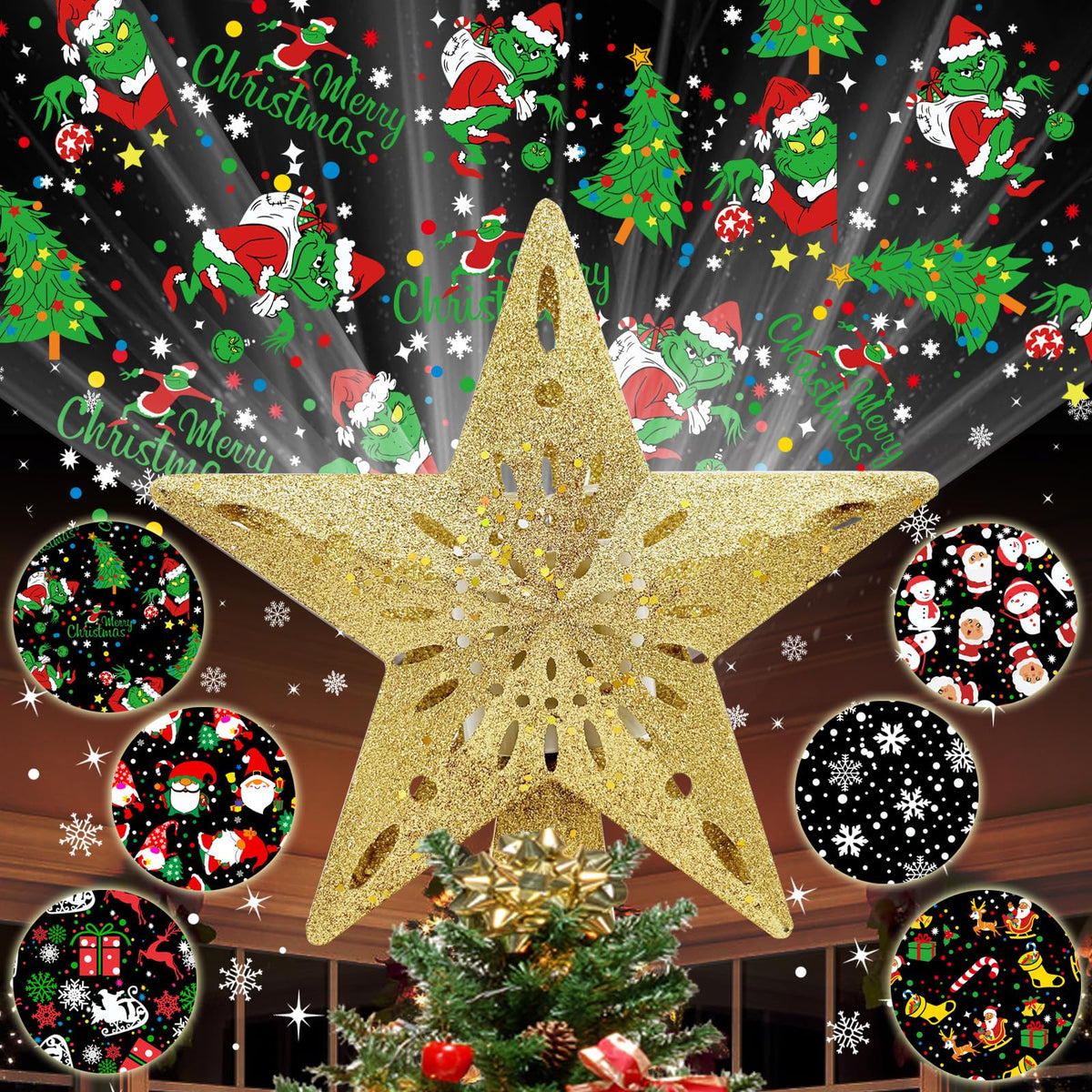 10" Christmas Tree Topper Star Lighted with 6 Projection Modes, Light Up Christmas Tree Topper Built-in LED Rotation Light, 3D Glitter Dynamic Projector Tree Top for Xmas Party Decorations Gift