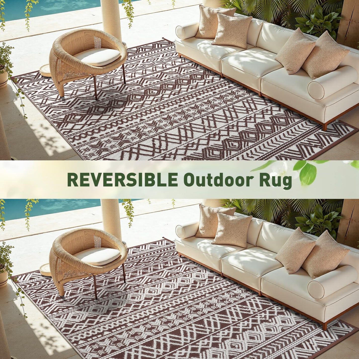 MontVoo Outdoor Rug Carpet Waterproof 5x8 Outdoor Patio Rug Mat Reverisble Plastic Straw Outdoor Rug for RV Camping Picnic Beach Balcony Boho Beige Brown
