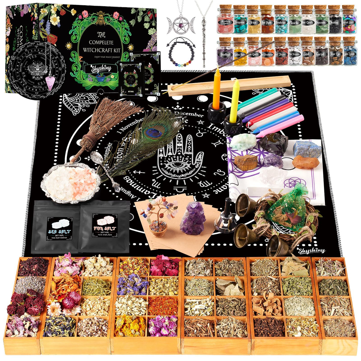SHYSHINY Witchcraft Supplies Kit, 150Pack Wiccan Supplies and Tools Witchy Gifts for Beginners, Dried Herbs, Crystals, Candles, Green Witch Altar Starter Spell