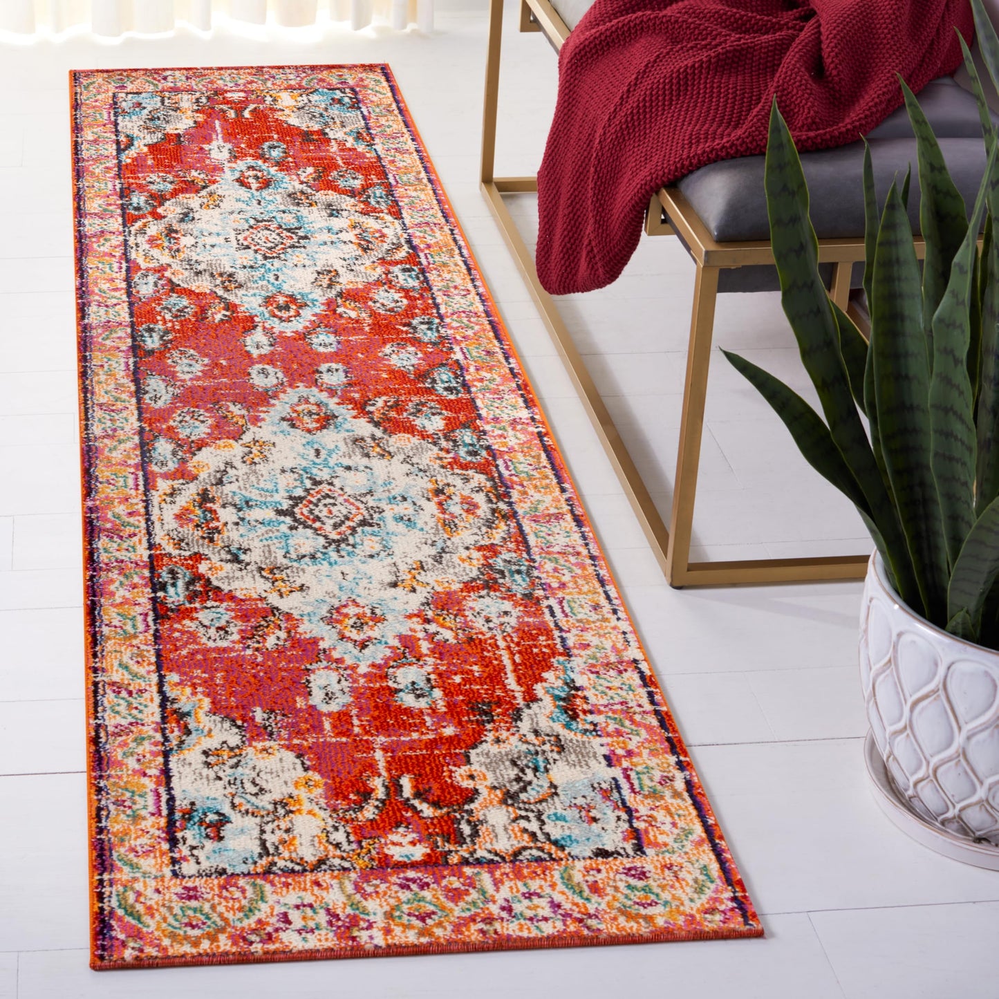 SAFAVIEH Monaco Collection Runner Rug - 2'2" x 14', Orange & Light Blue, Non-Shedding & Easy to Clean, Distressed Medallion Design, Ideal for Hallway, Foyer, Entryway, Kitchen, Bedroom (MNC243H)